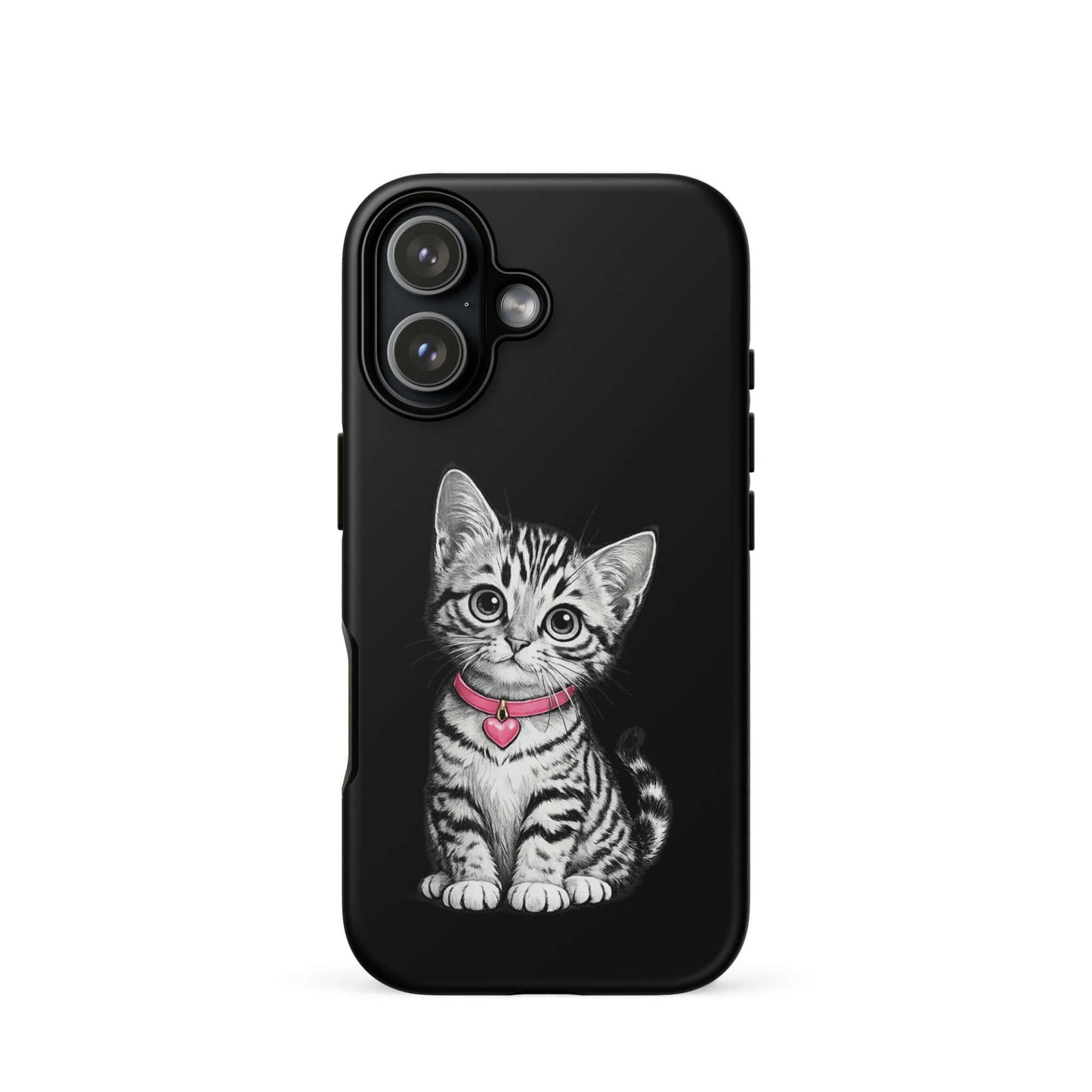 Phone Case for iPhone featuring pencil sketch kitten with pink heart charm, black and white artistic design with protective cover.