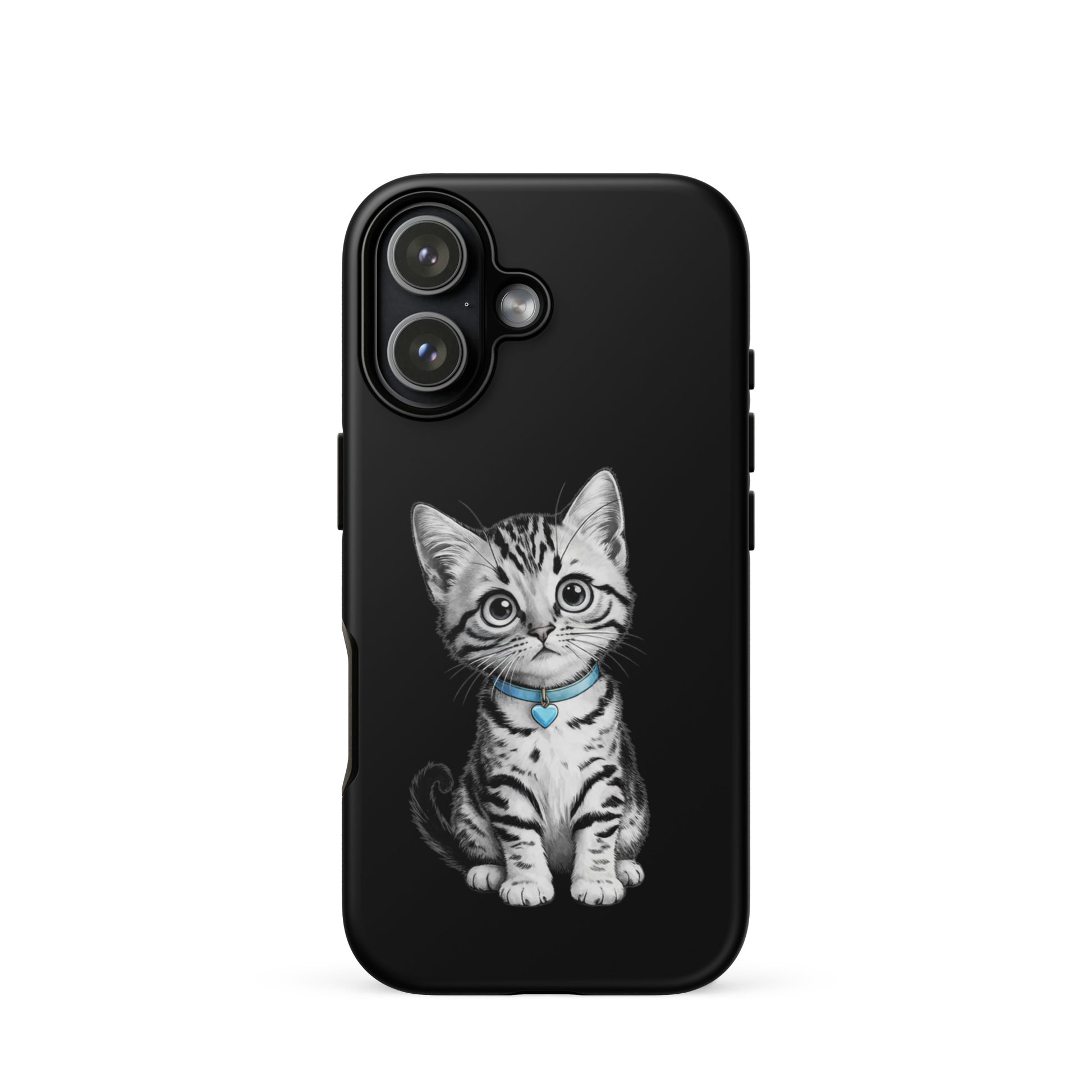 Phone Case for iPhone featuring kitten sketch with blue heart charm, elegant black-and-white design providing style and protection.