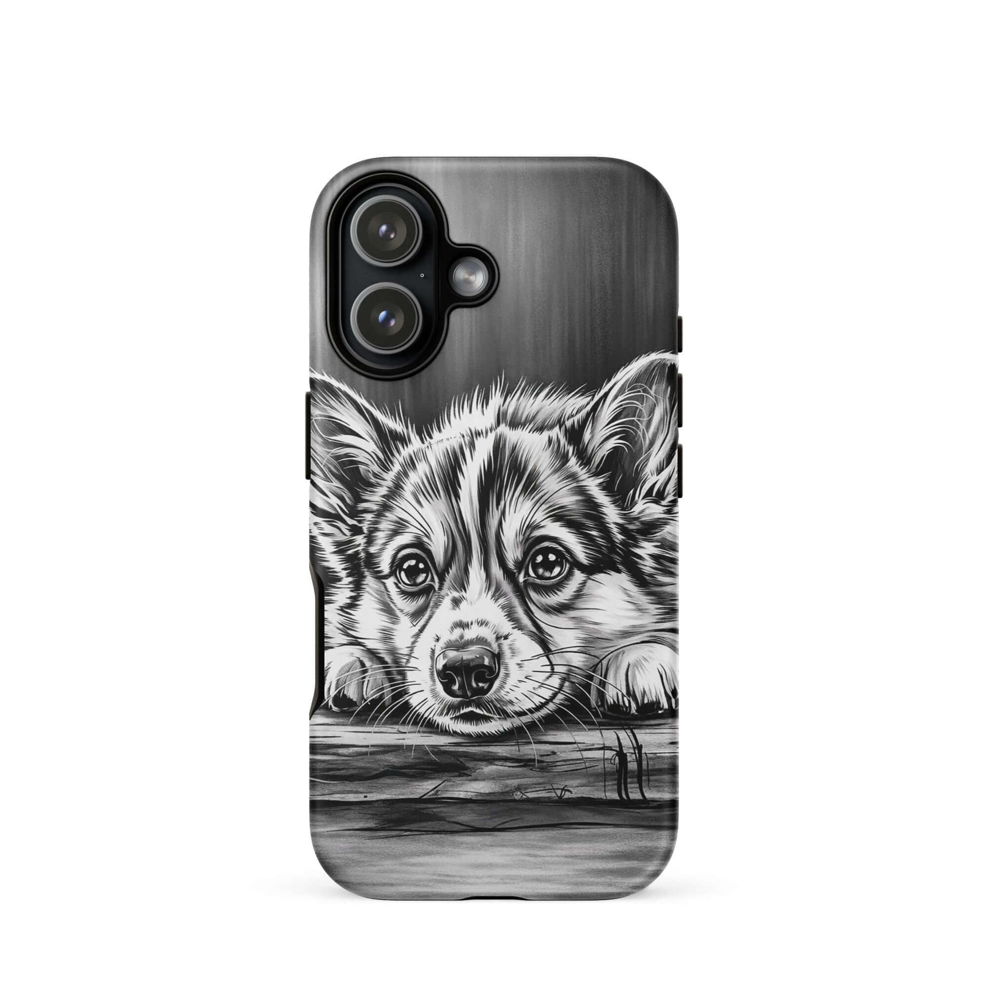Phone Case featuring elegant black-and-white puppy art on aged wood design, combining luxury and protection for iPhone users.
