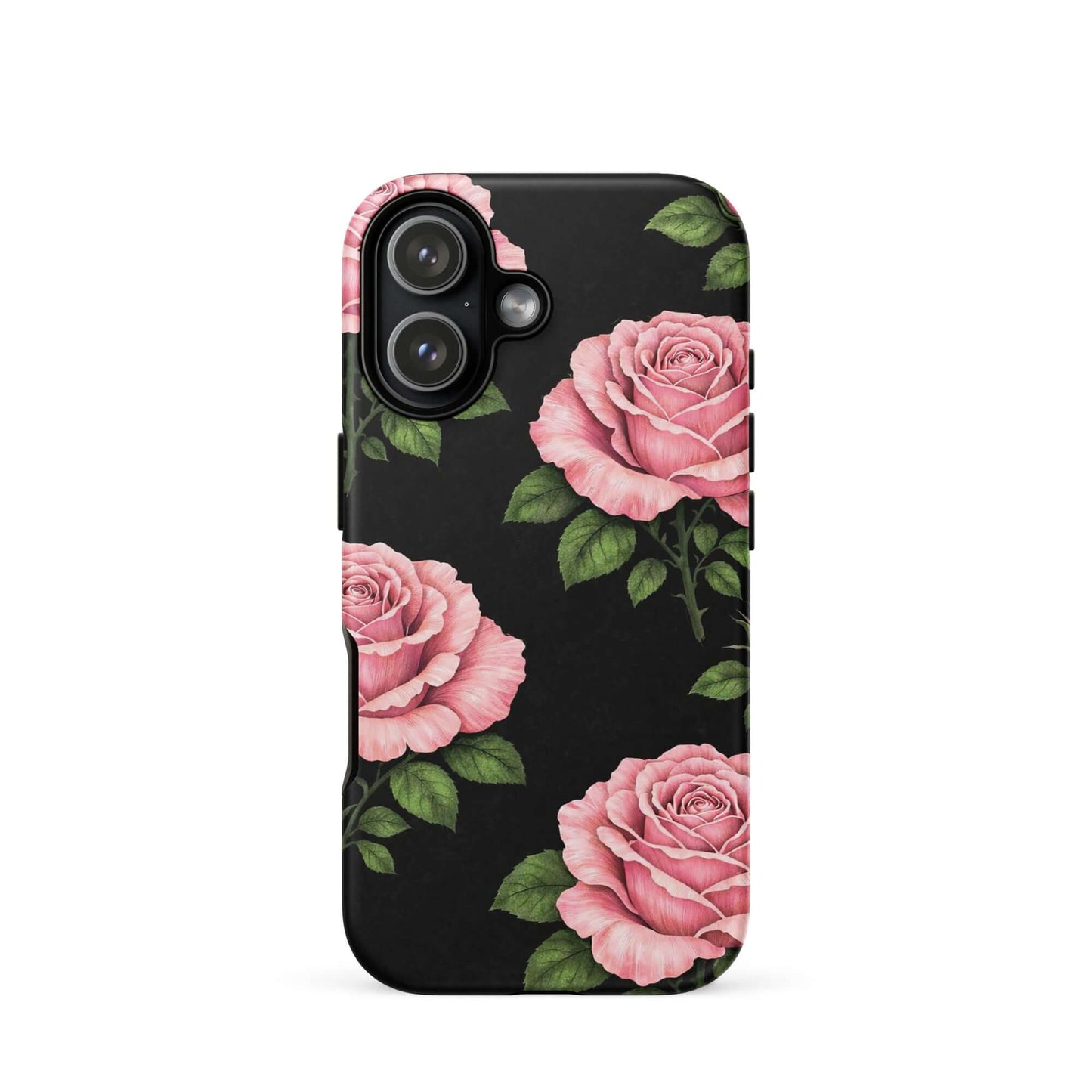 Phone Case featuring pink roses and green leaves on black background for iPhone - floral design tough case.