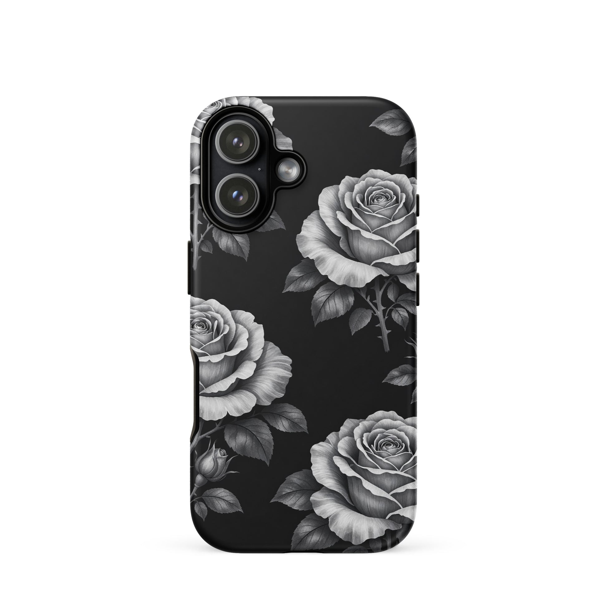Phone Case for iPhone featuring rose garden design with hand-sketched roses on a black background; stylish and protective.