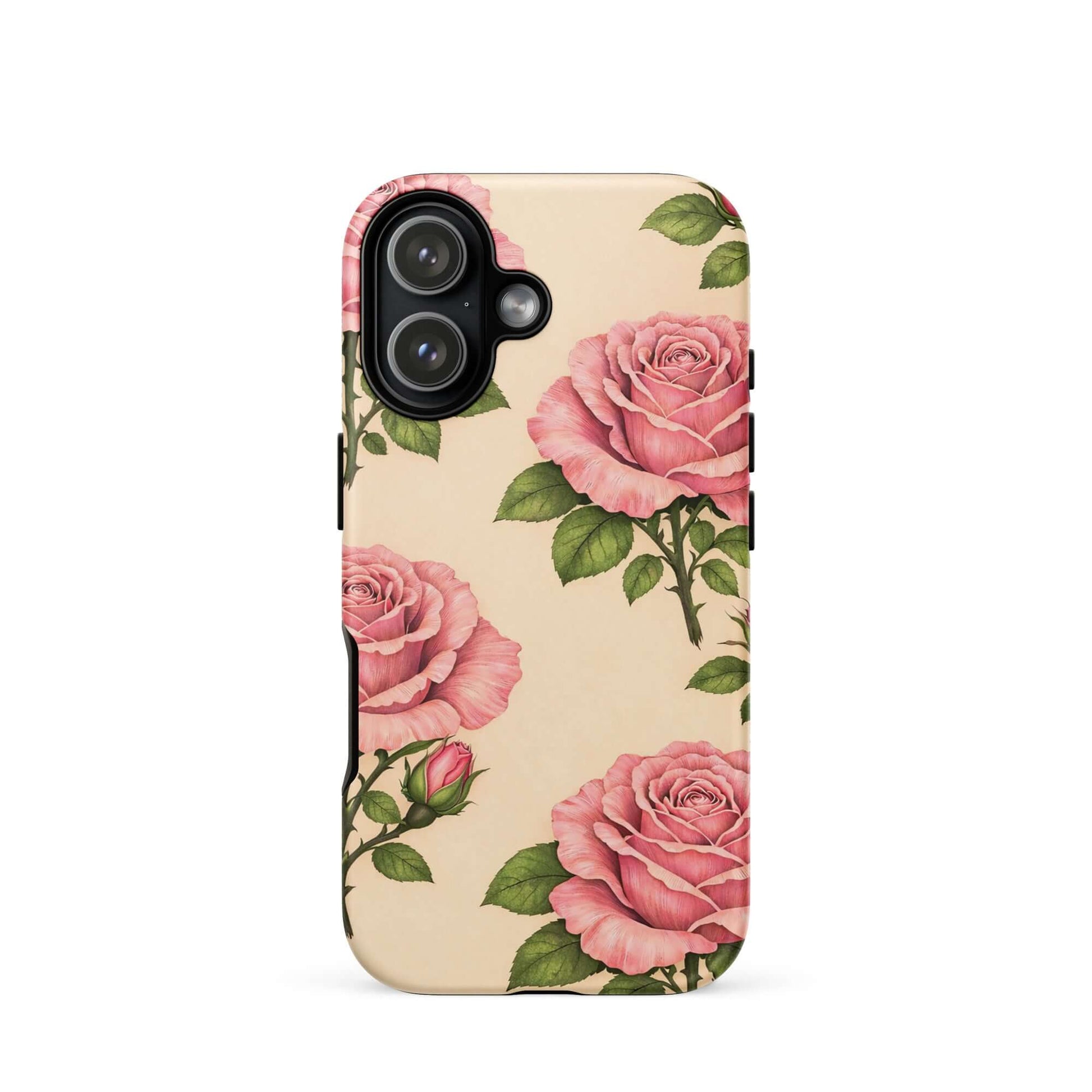 Phone Case for iPhone with pink rose design on warm cream background, showcasing floral elegance and protection.