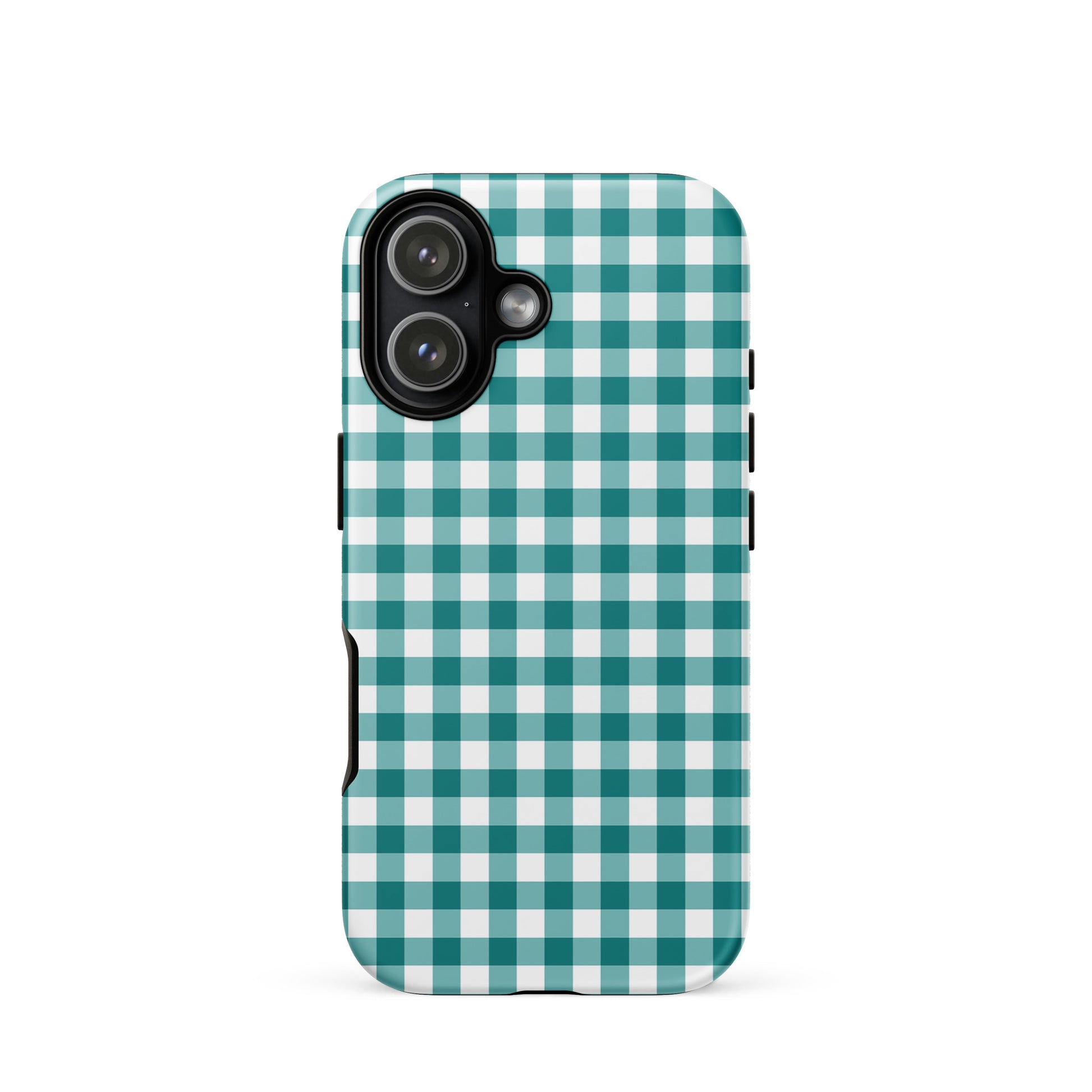 Phone Case with teal and white gingham pattern for iPhone, stylish and durable accessory.