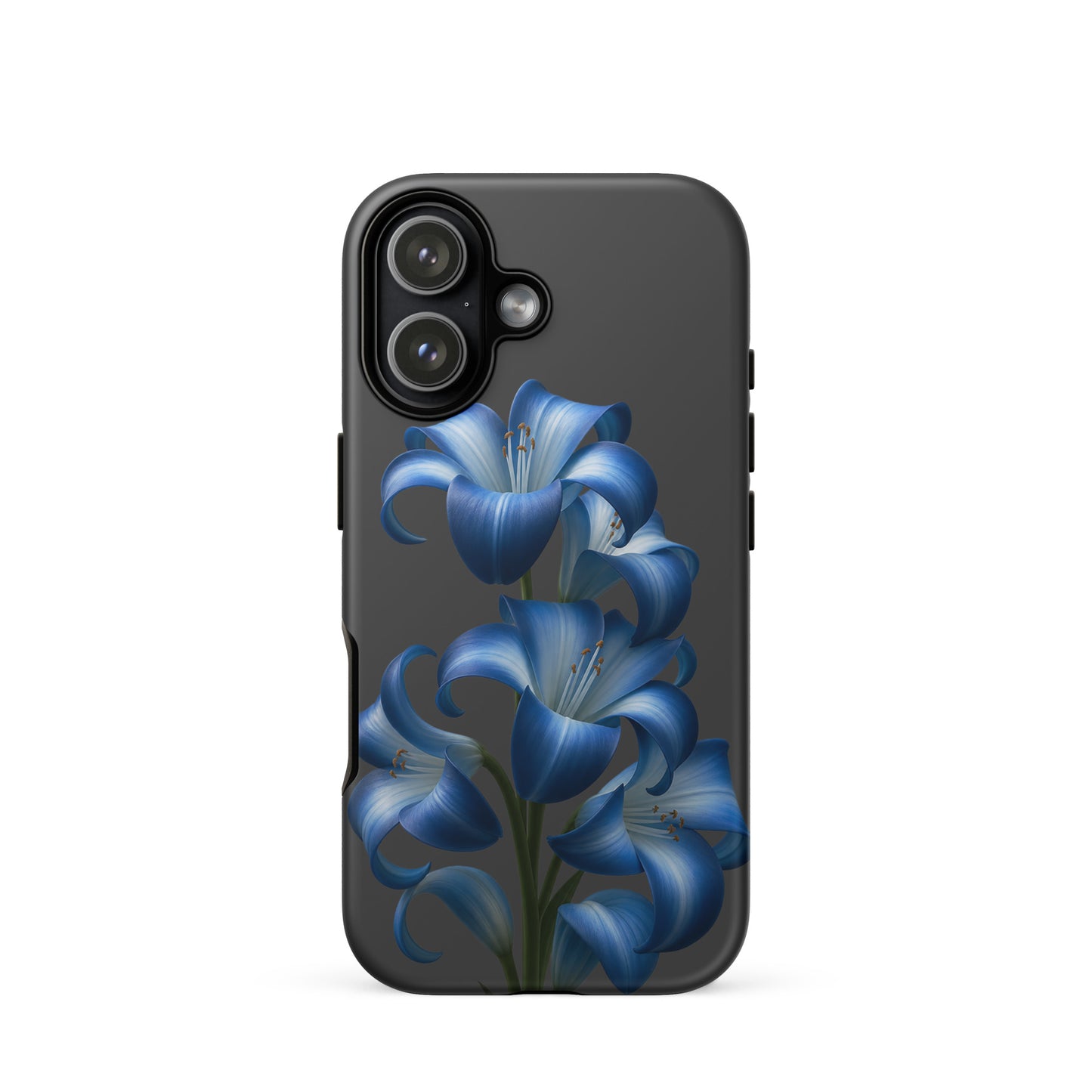 Phone Case for iPhone with blue lily bloom design on a dark background, featuring dual-layer protection and stylish floral art.