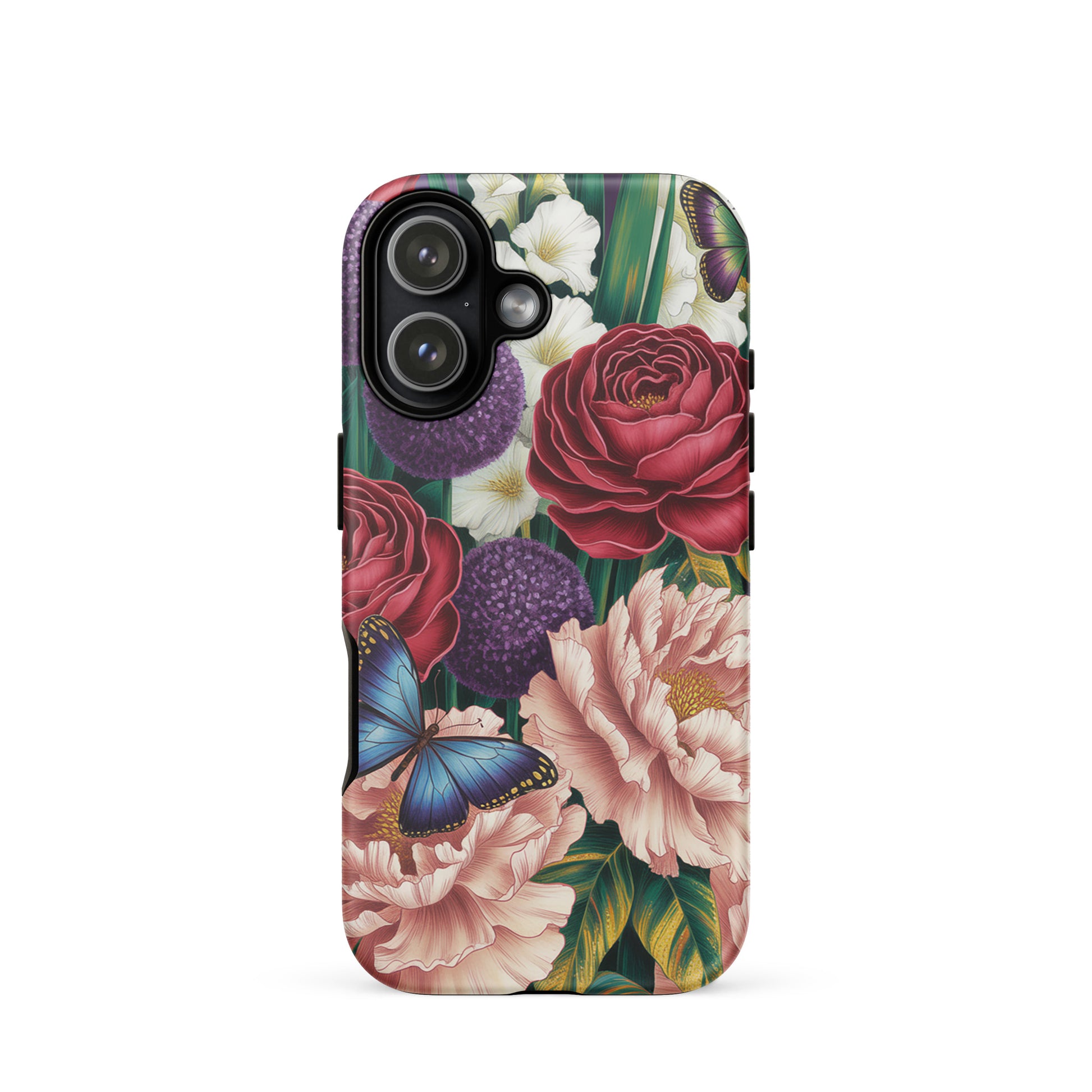 Phone Case with botanical design of roses, peonies, alliums, butterflies on iPhone, vibrant floral art, lush foliage.