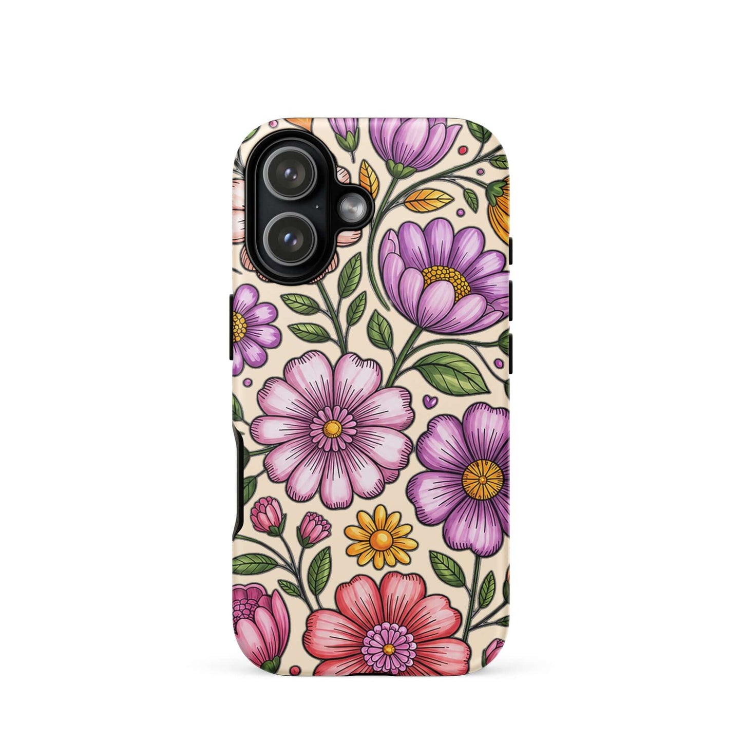 Phone Case with pastel floral design for iPhone featuring charming pink, lavender, and yellow flowers on a protective shell.