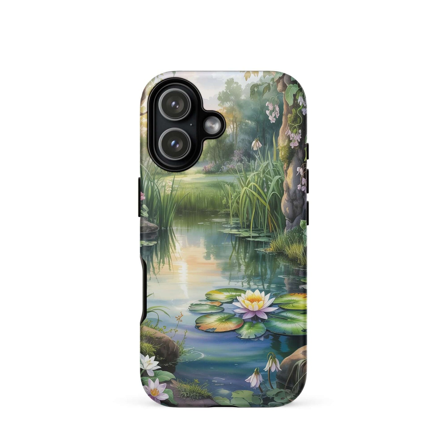 Phone Case for iPhone with enchanted pond design featuring water lilies, lush greenery, and sunset reflections.