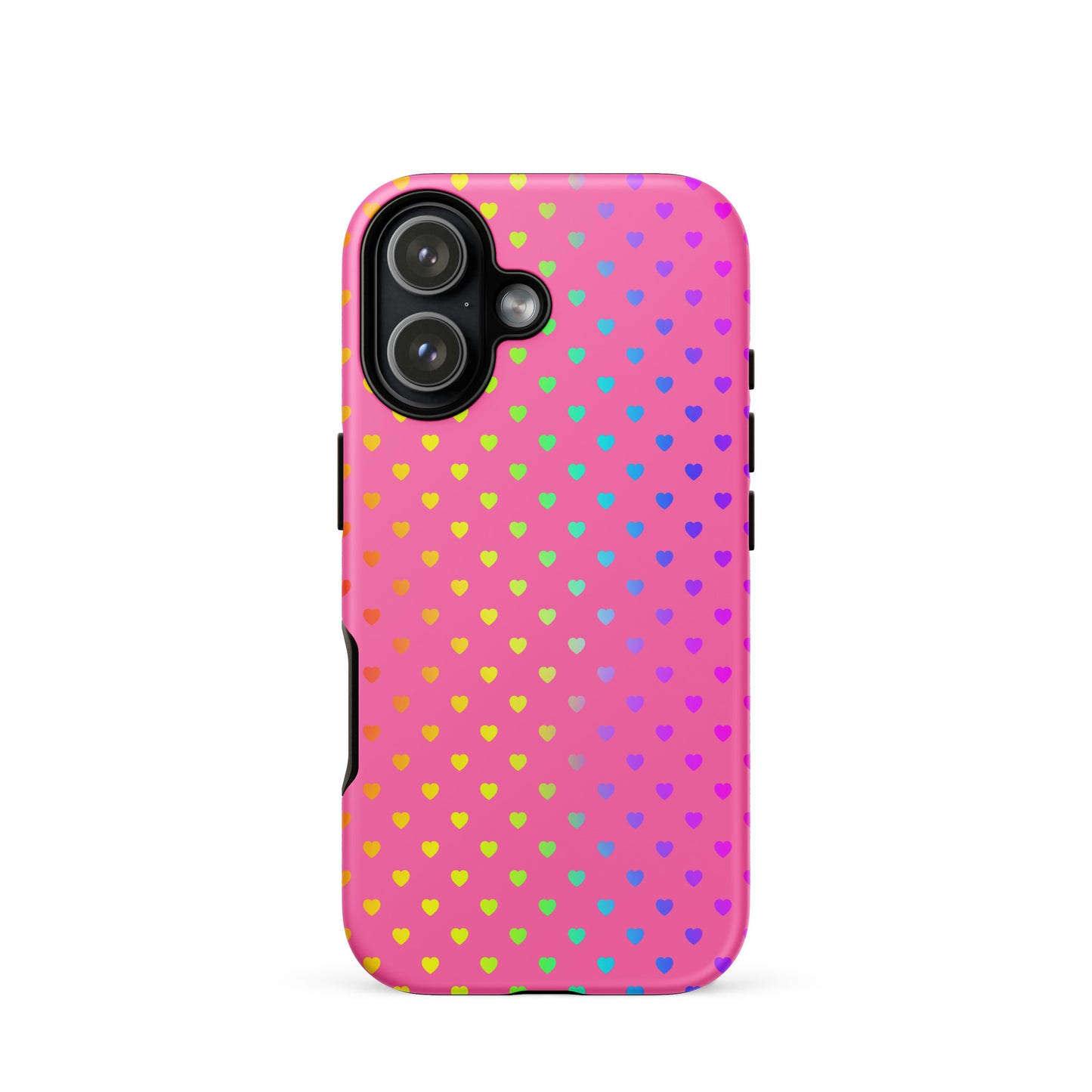 Phone Case for iPhone featuring cute rainbow hearts on pink background, colorful and protective design, perfect for phone case lovers.