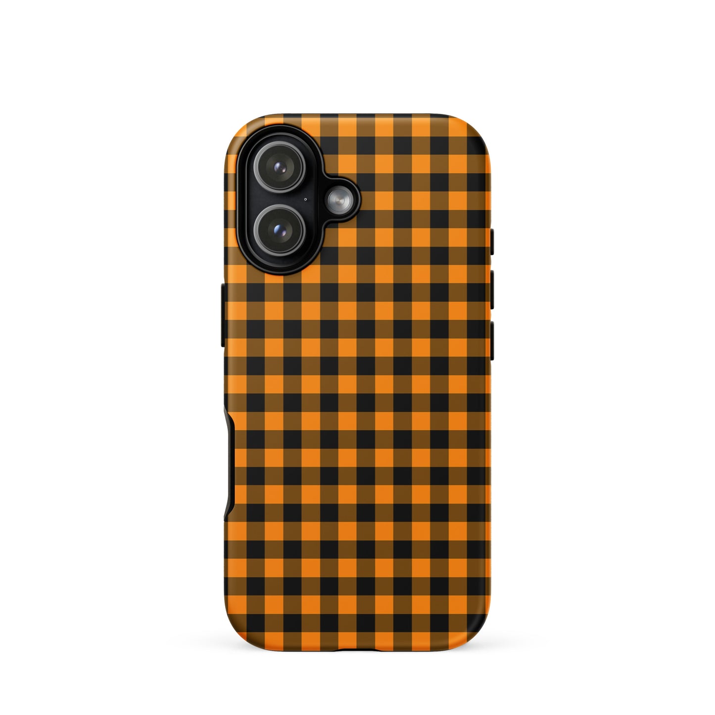 Black-and-orange gingham autumn-themed phone case for iPhone, featuring a stylish pattern and durable design.