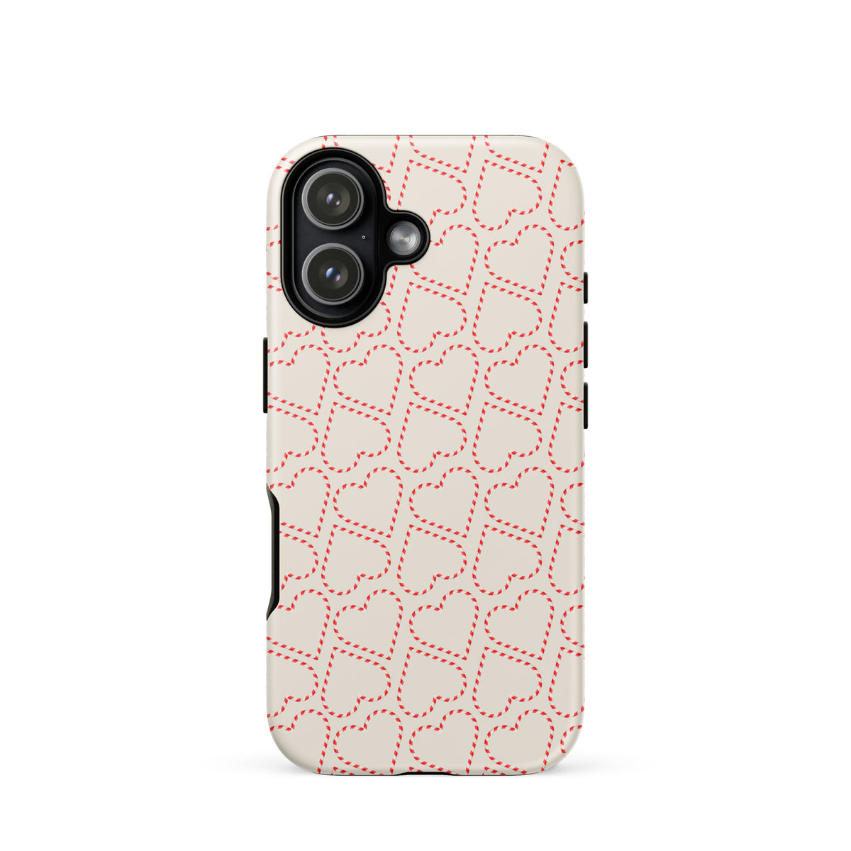 Phone Case for iPhone with holiday candy cane heart pattern, red and white stripes, festive flair, Christmas themed phone accessory.