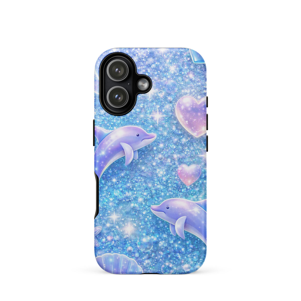 Phone Case for iPhone with Ocean Glitter design featuring dolphins, pastel moons, and tiny shells in a magical underwater night sky.