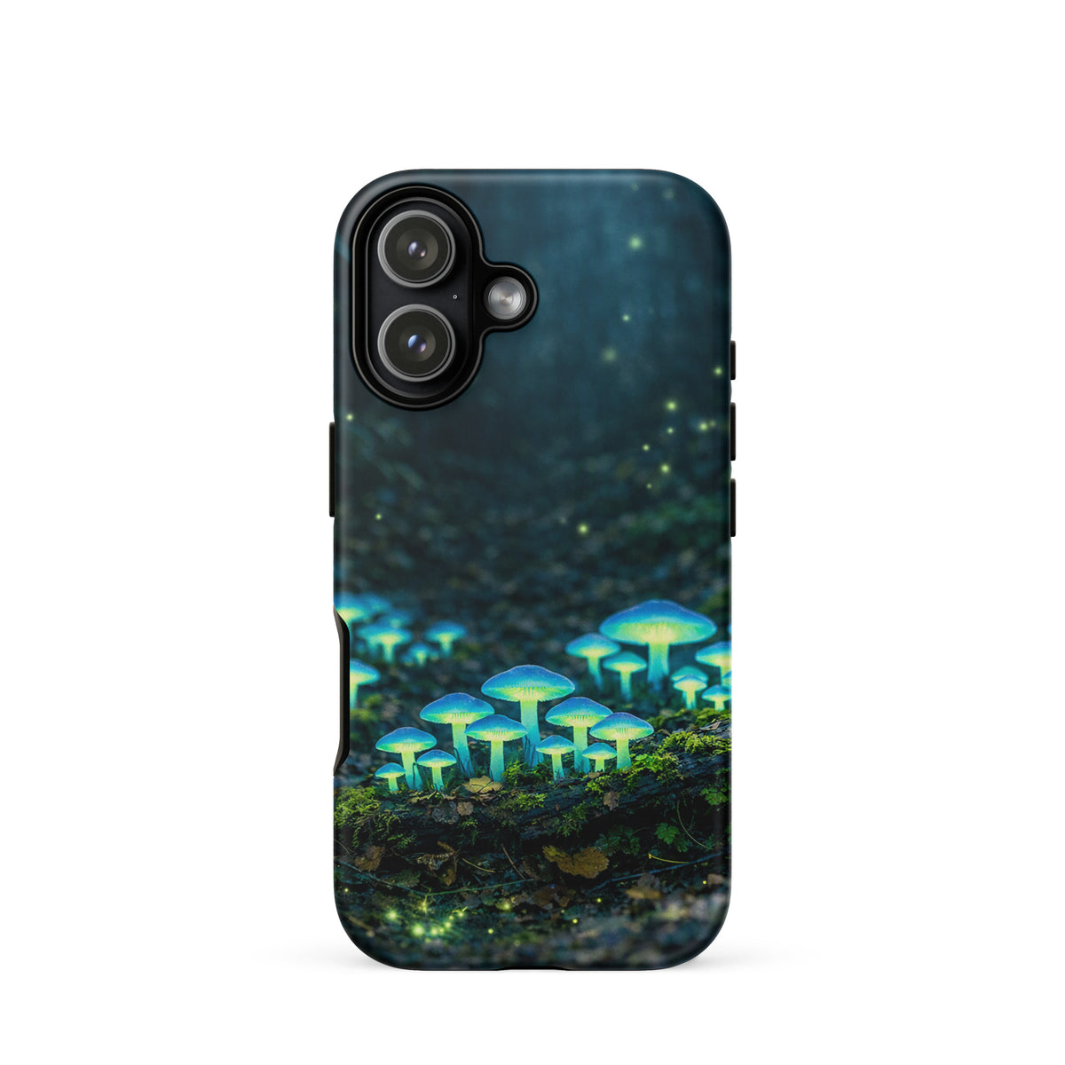 Phone Case for iPhone featuring glowing forest mushrooms with ethereal blue-green hues, creating a magical woodland scene.