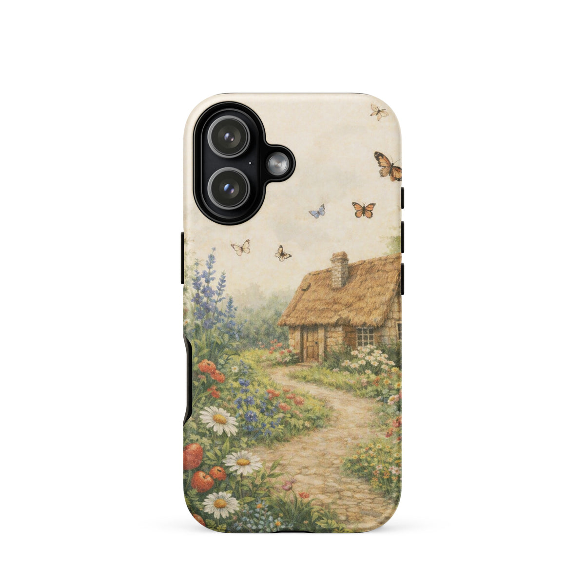 Phone Case featuring cozy cottage and garden art design with daisies and butterflies, ideal for countryside charm lovers.