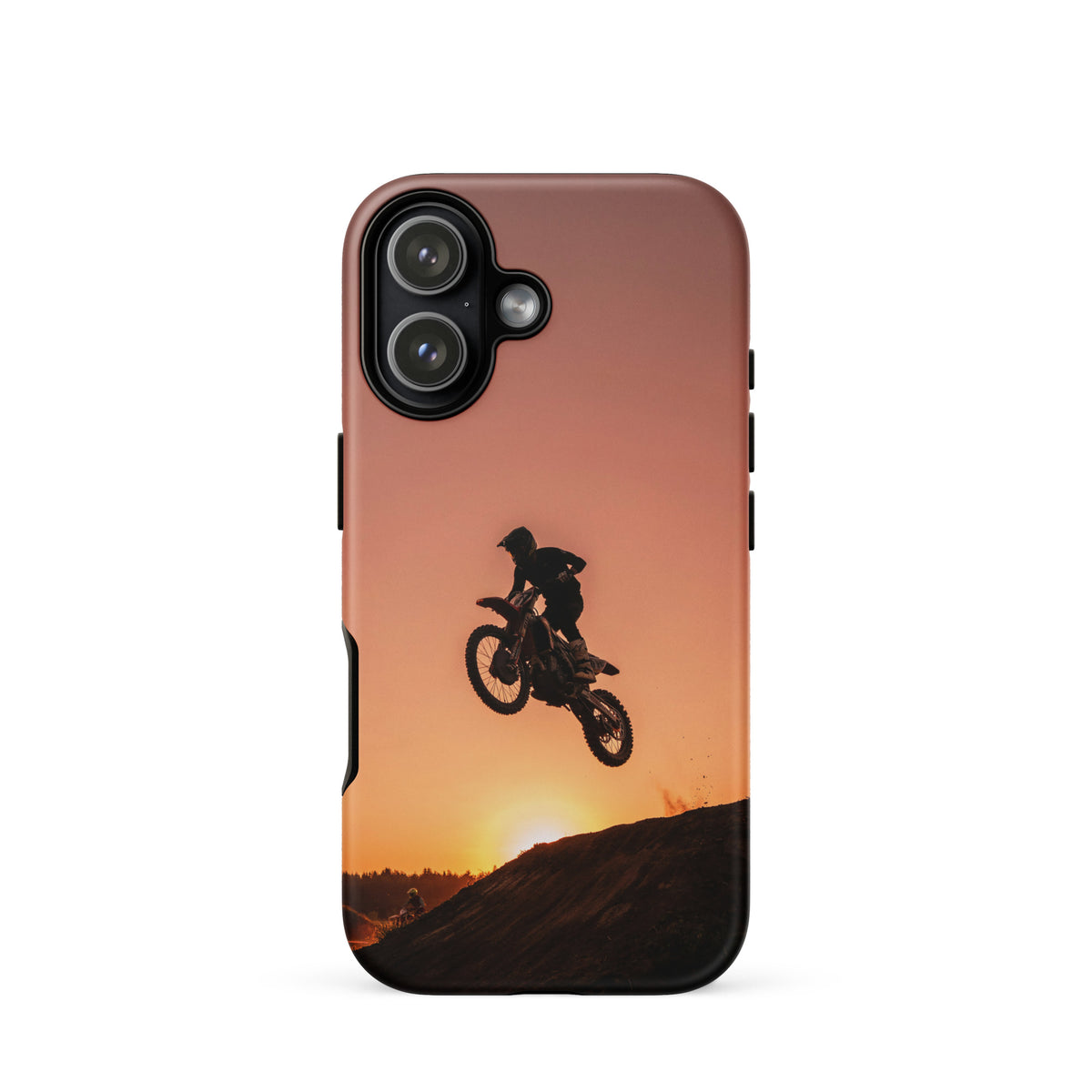 Phone Case with motocross dirt bike design, sunset silhouette, rugged style, iPhone accessory with copper, orange, and black colors.