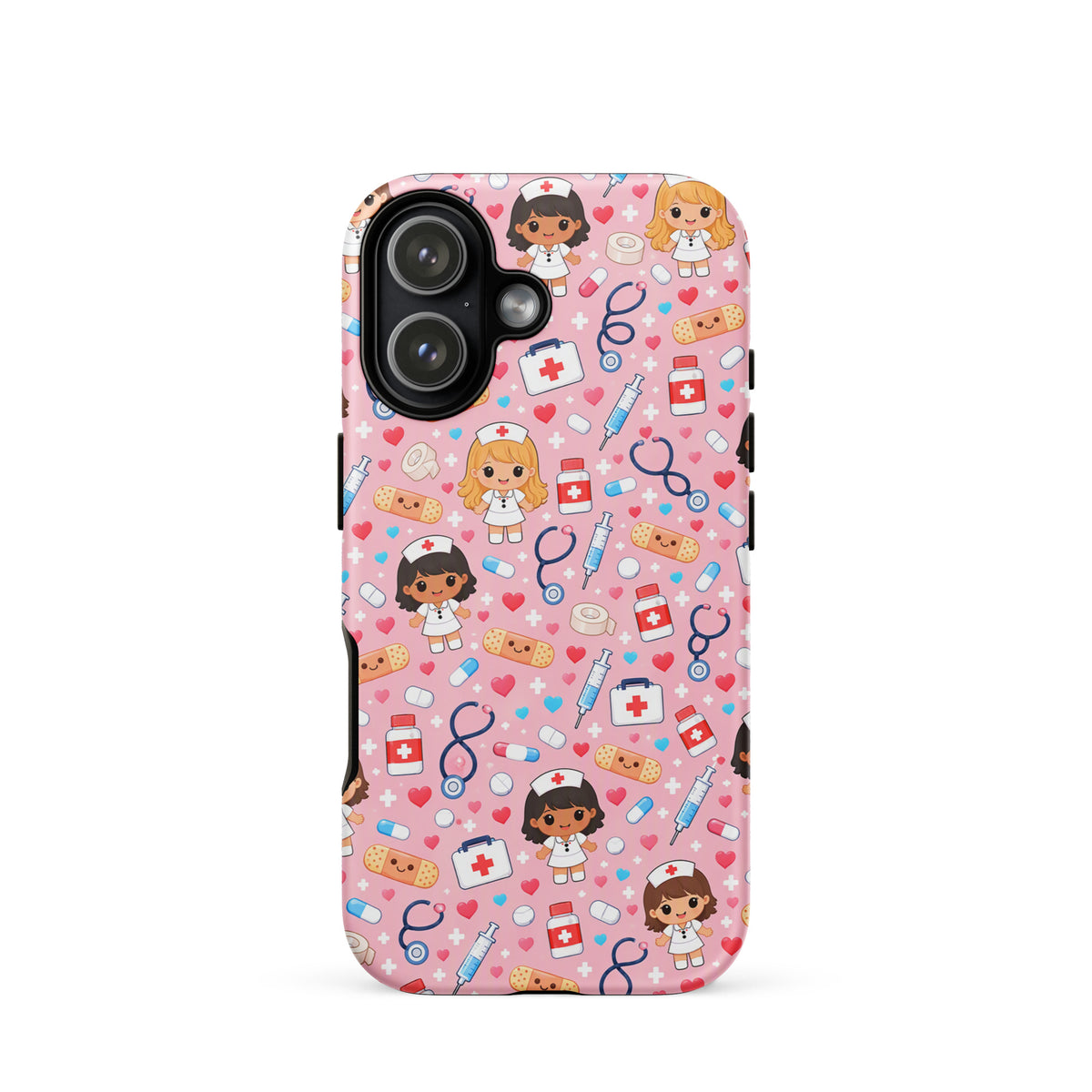 Phone Case for iPhone with kawaii nurse medical pattern on pink background, featuring adorable nurse characters and medical items.