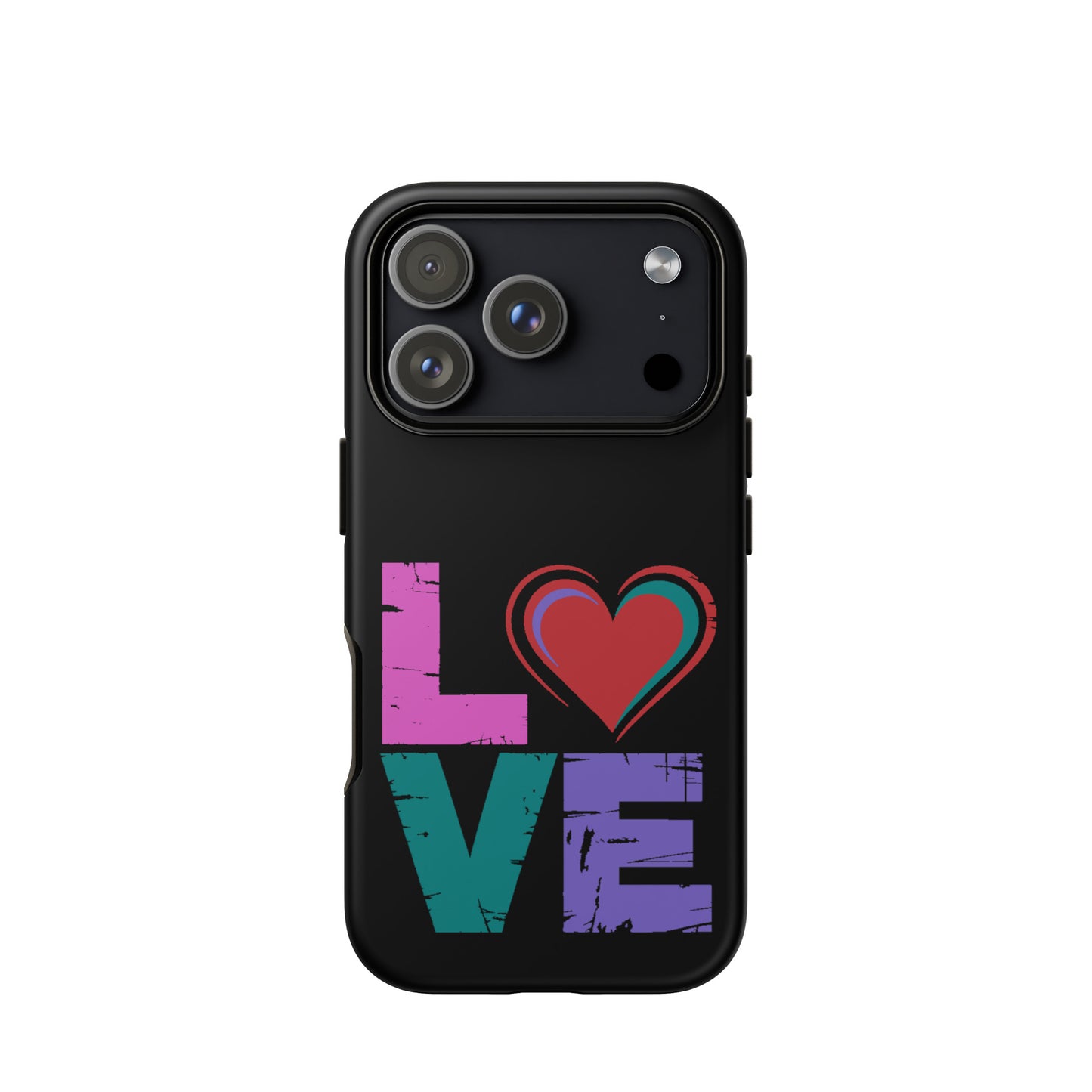 Love Tough Dual Layered Case for iPhones with colorful 'LOVE' design and heart on a black background.