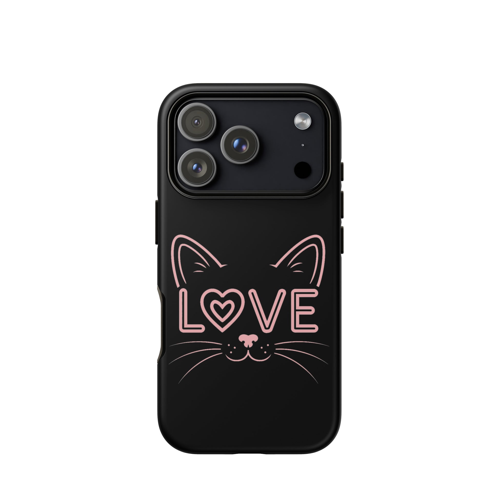 Cat Love Phone Case for iPhone featuring minimalist cat face and love design.