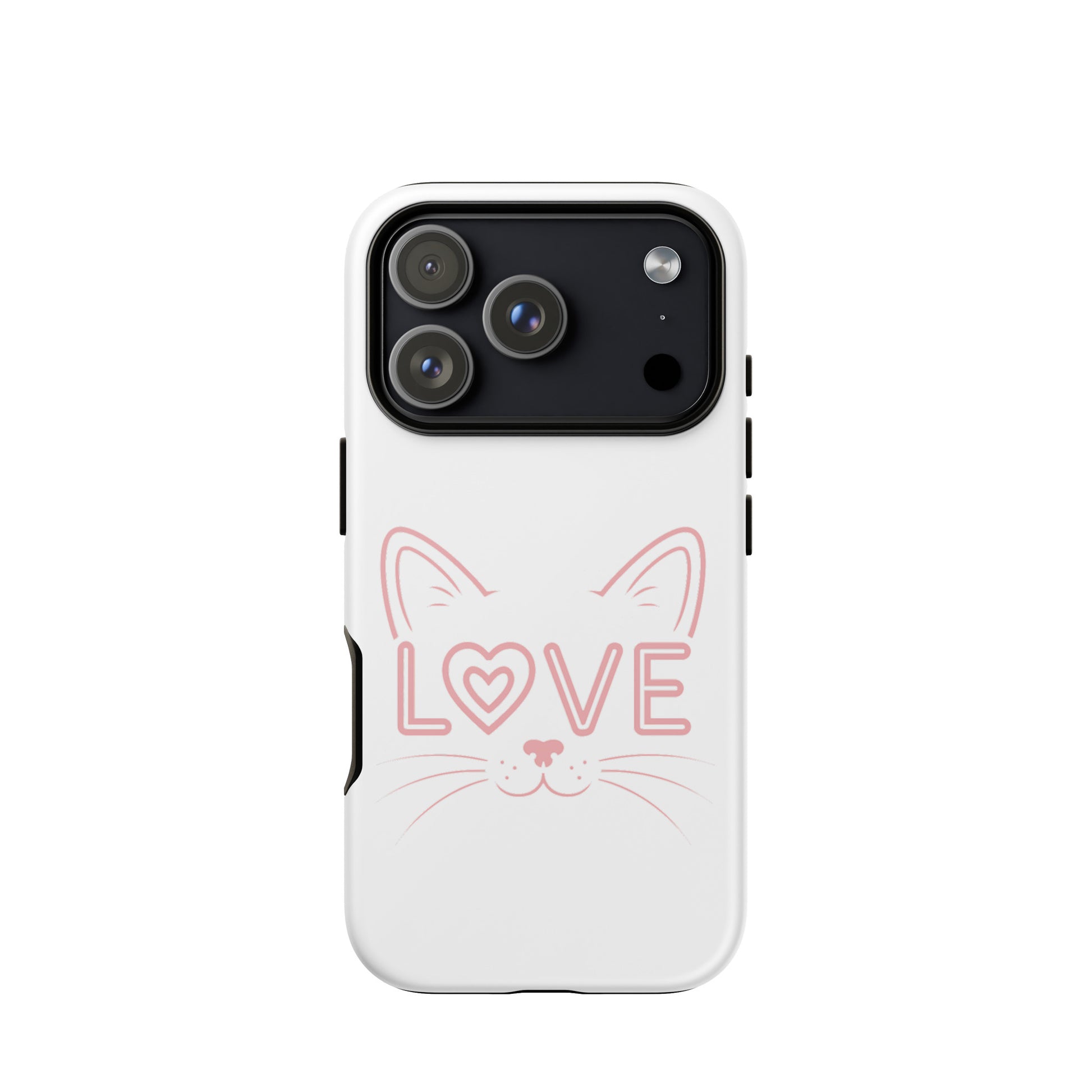 Cat Love phone case for iPhone with minimalist cat face design and love accent.