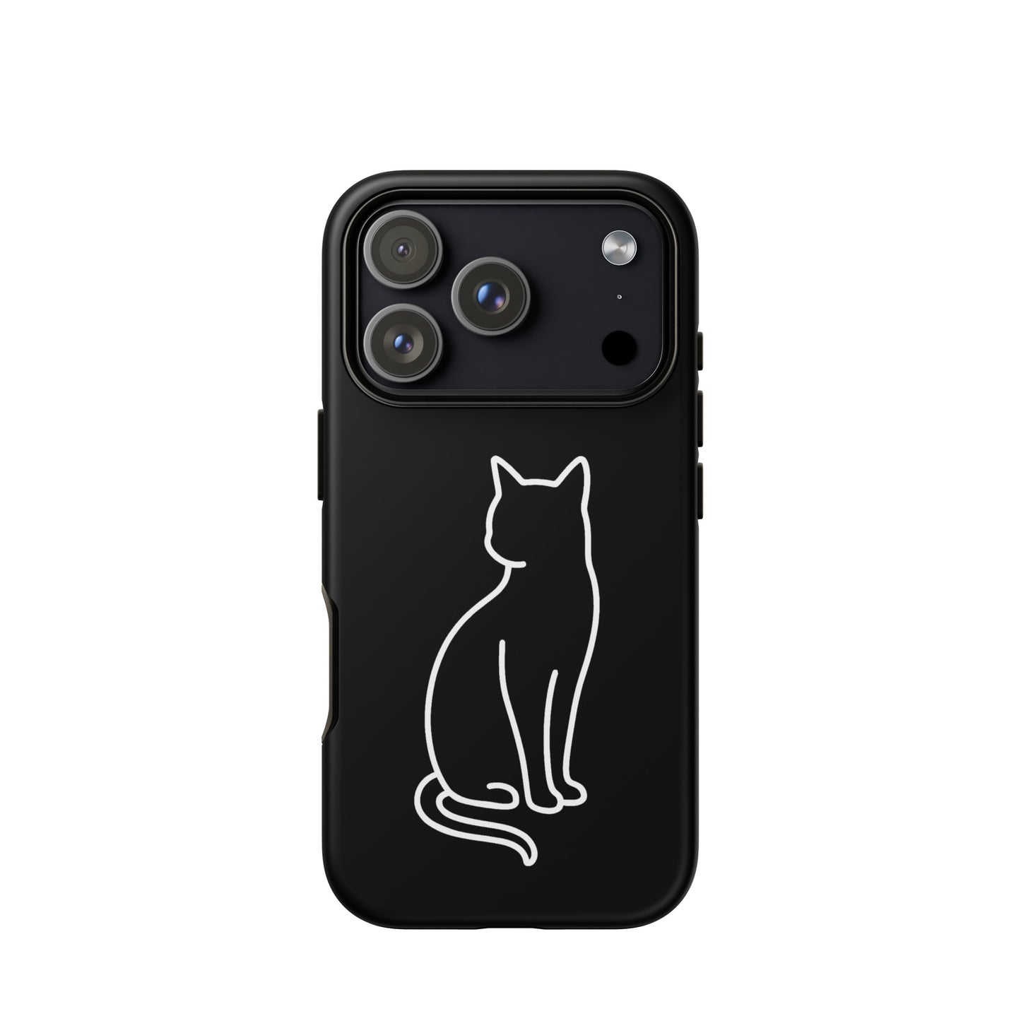 Phone Case for iPhone featuring a minimalist white cat outline on a sleek black background.