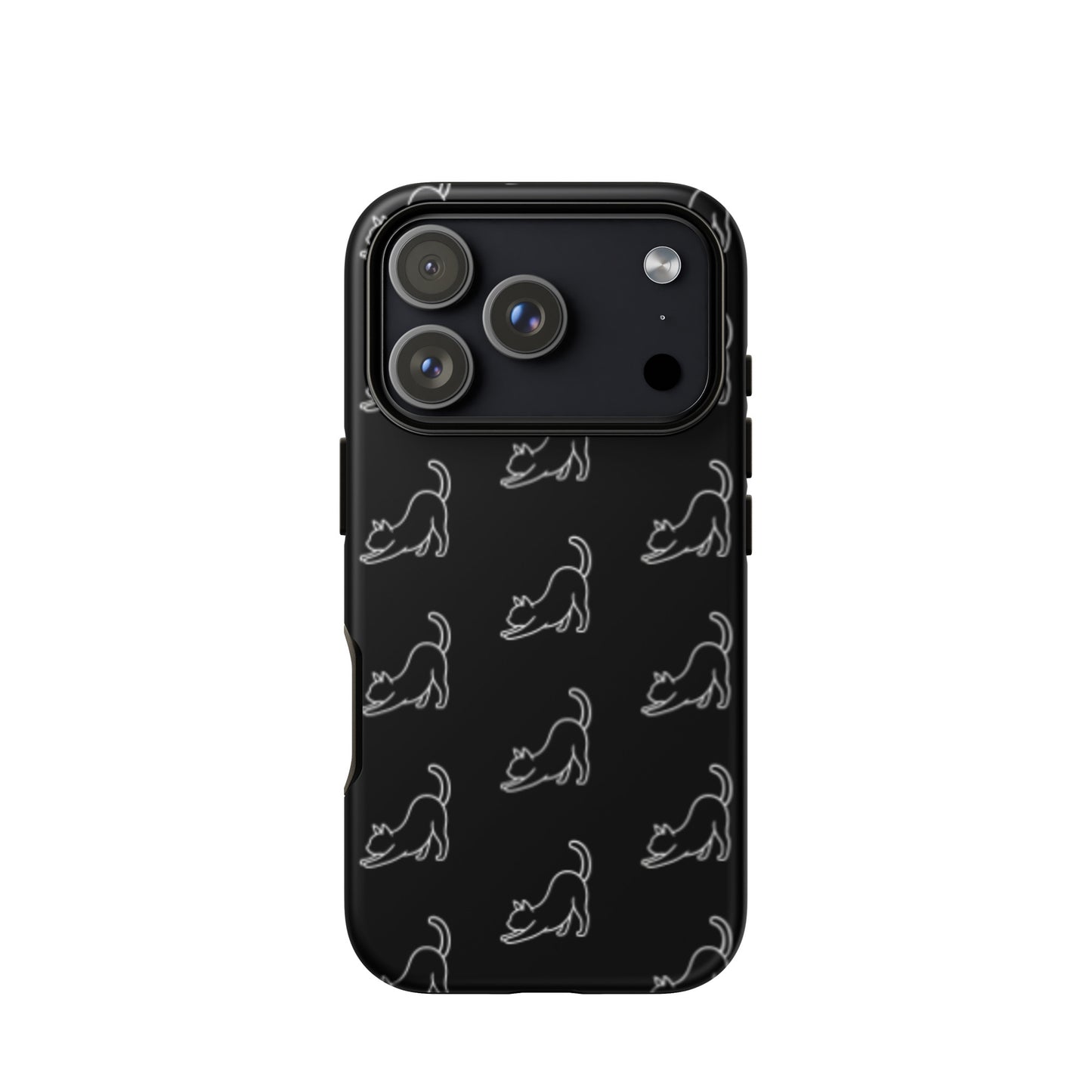 Phone Case featuring minimalist stretching cat pattern on a sleek black background for stylish protection.