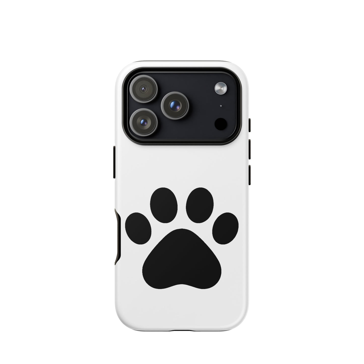 Phone Case for iPhone featuring a minimalist black paw print on a white background.