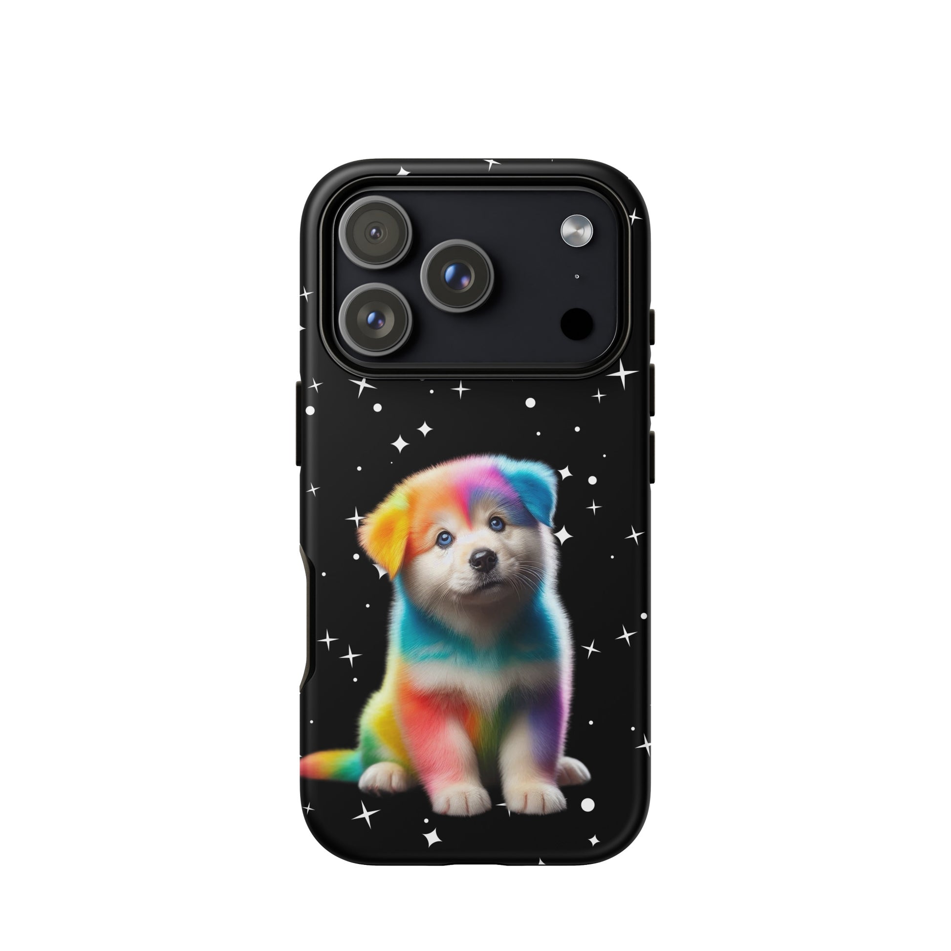 Phone Case featuring a colorful rainbow puppy design against a starry night sky background.