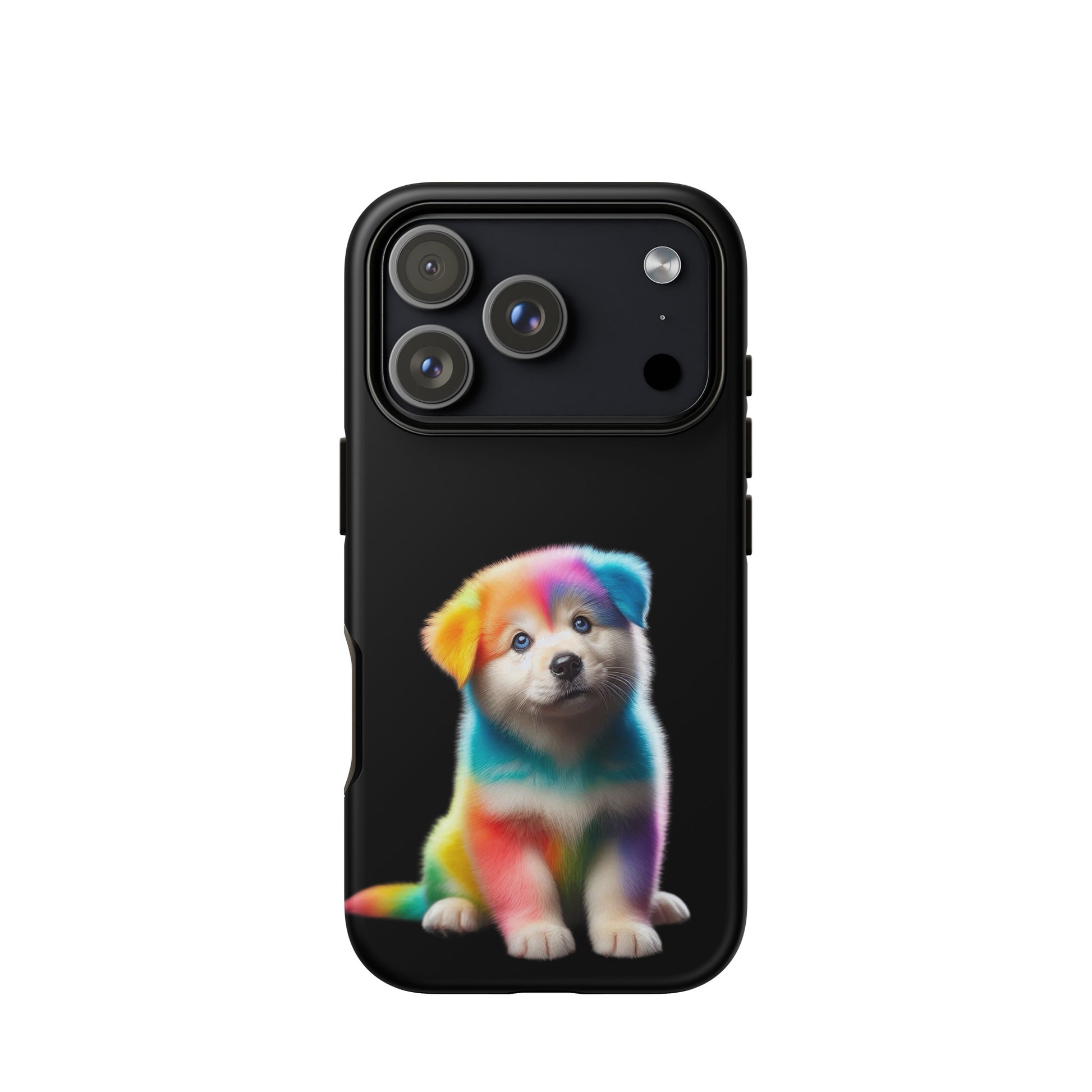 Phone Case for iPhone featuring a colorful rainbow puppy design on a black background.