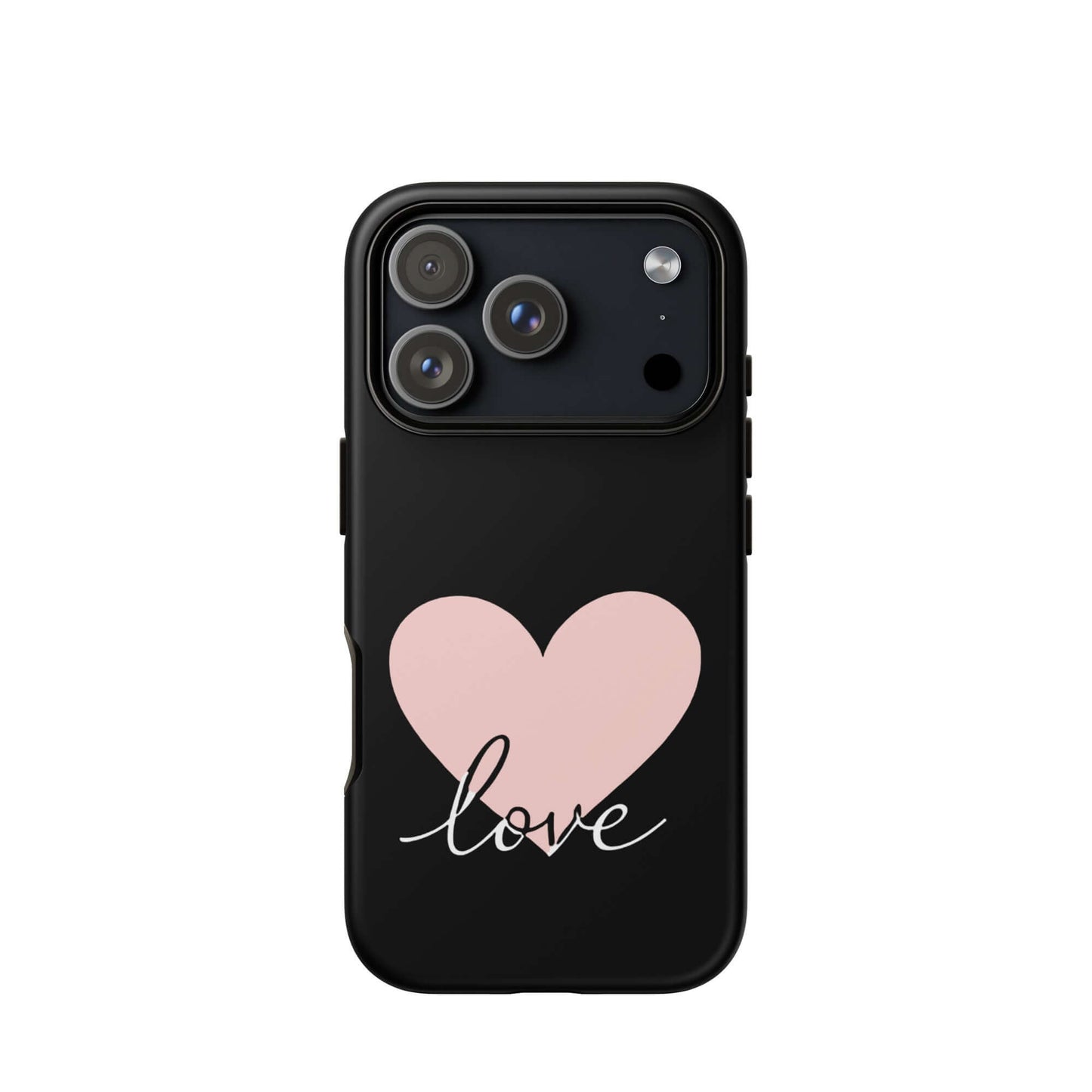 Phone Case for iPhone featuring a pink heart and cursive love script design, stylish and protective.