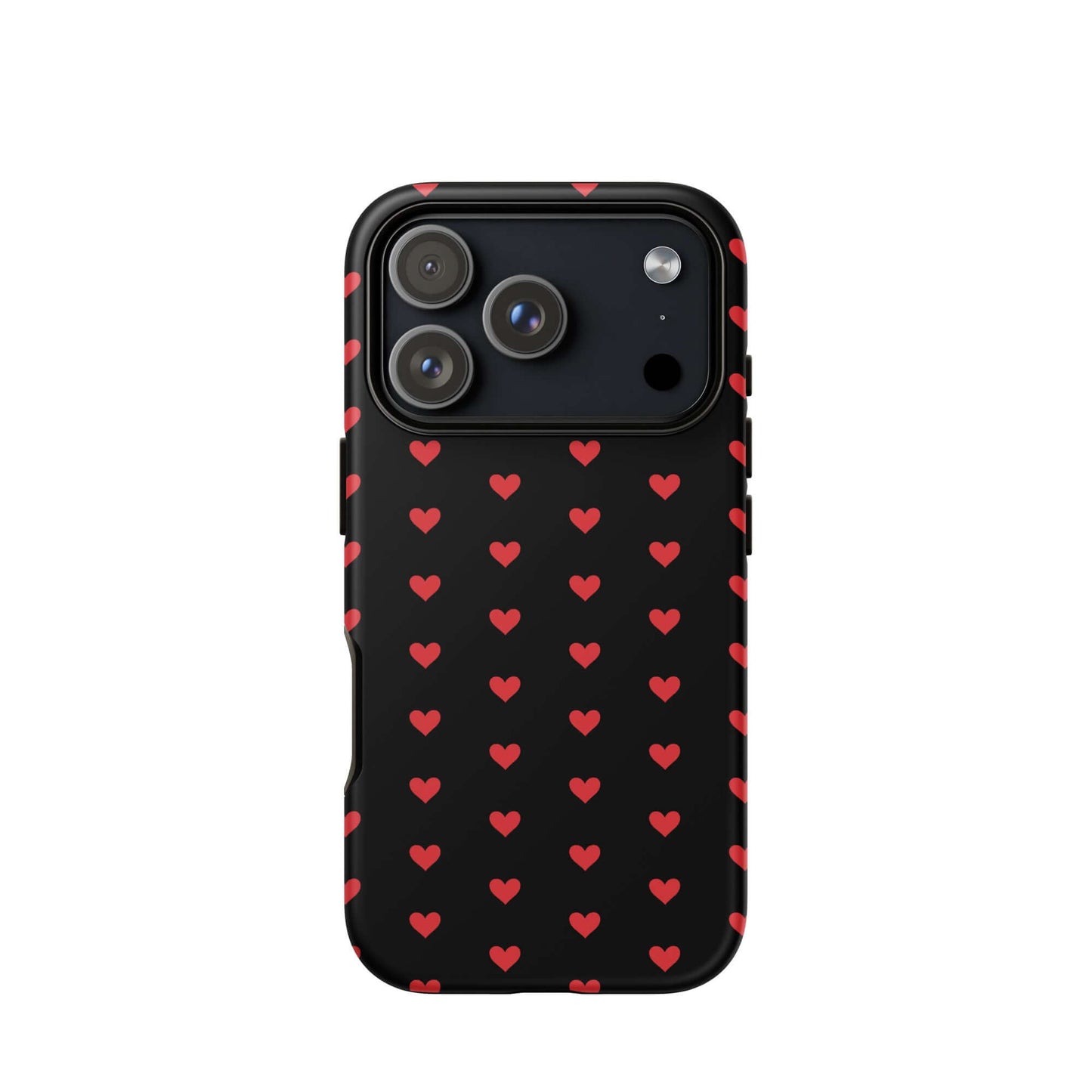 Phone Case for iPhone featuring fiery red hearts on a black background, stylish and protective design.