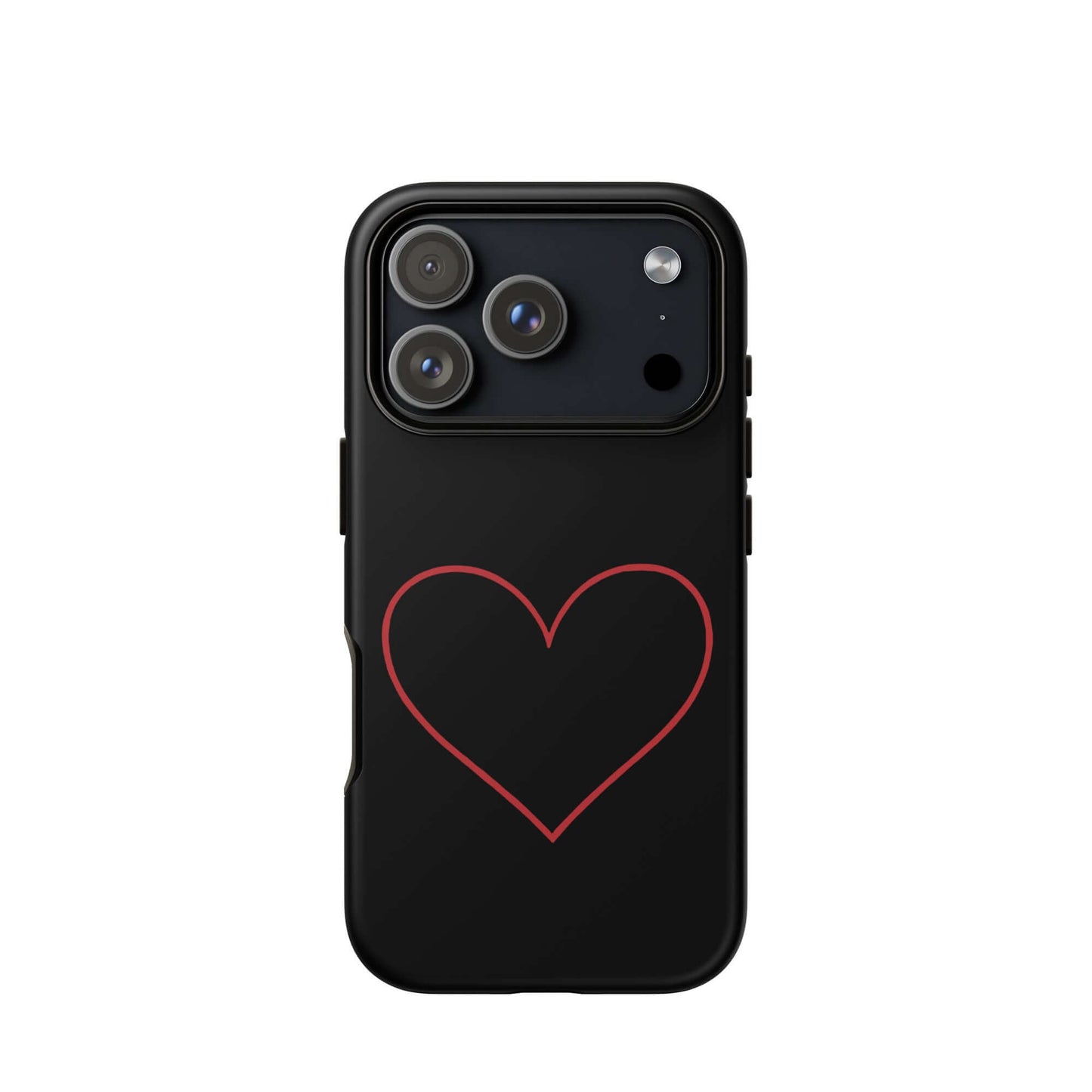 Phone Case for iPhone with minimalist crimson heart design on a sleek black background.