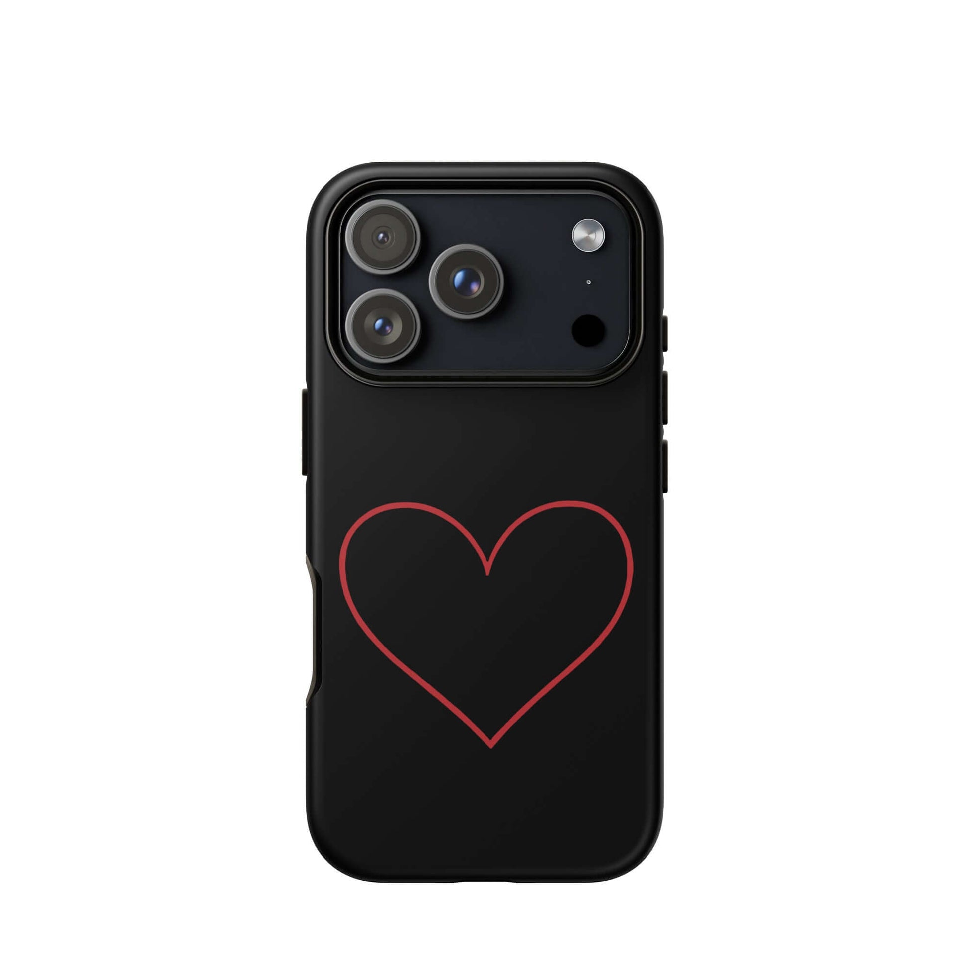 Phone Case for iPhone with minimalist crimson heart design on a sleek black background.