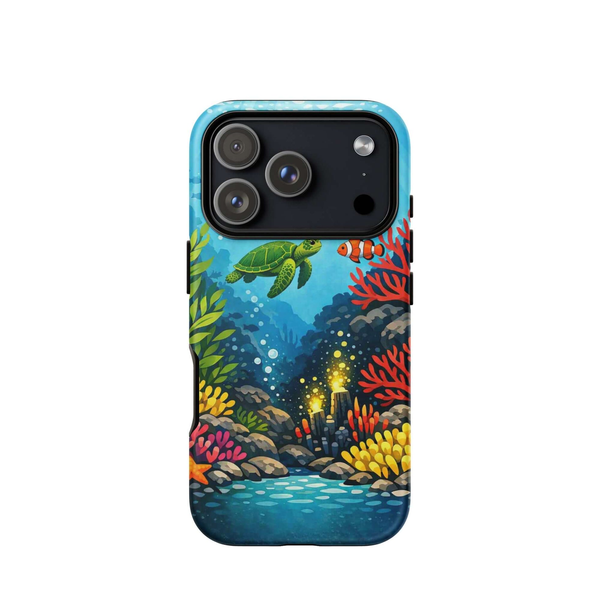 Phone case featuring vibrant sea turtle and coral reef design, perfect for marine life lovers.