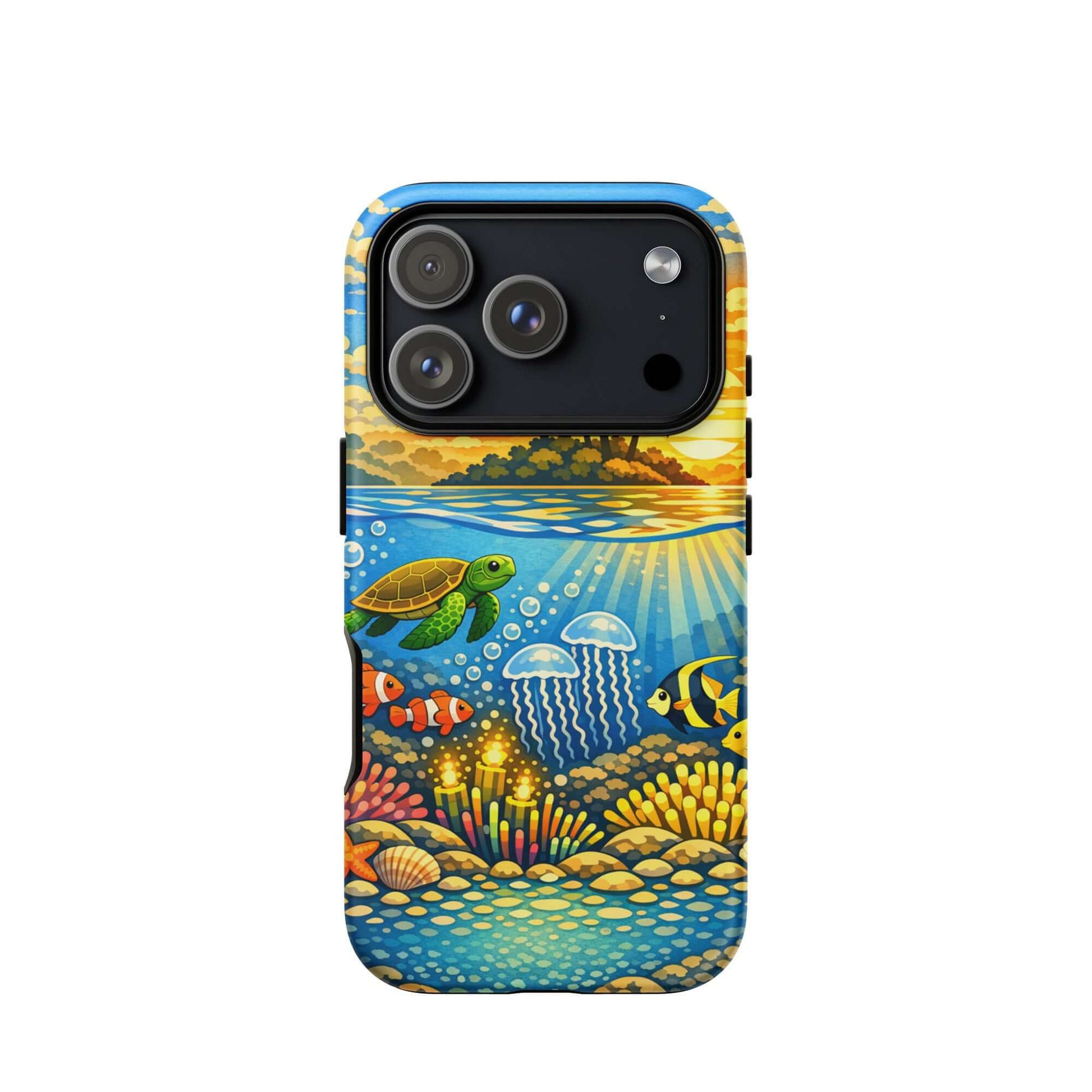 Phone Case featuring a tropical sunset and vibrant underwater reef design with turtles and colorful fish.