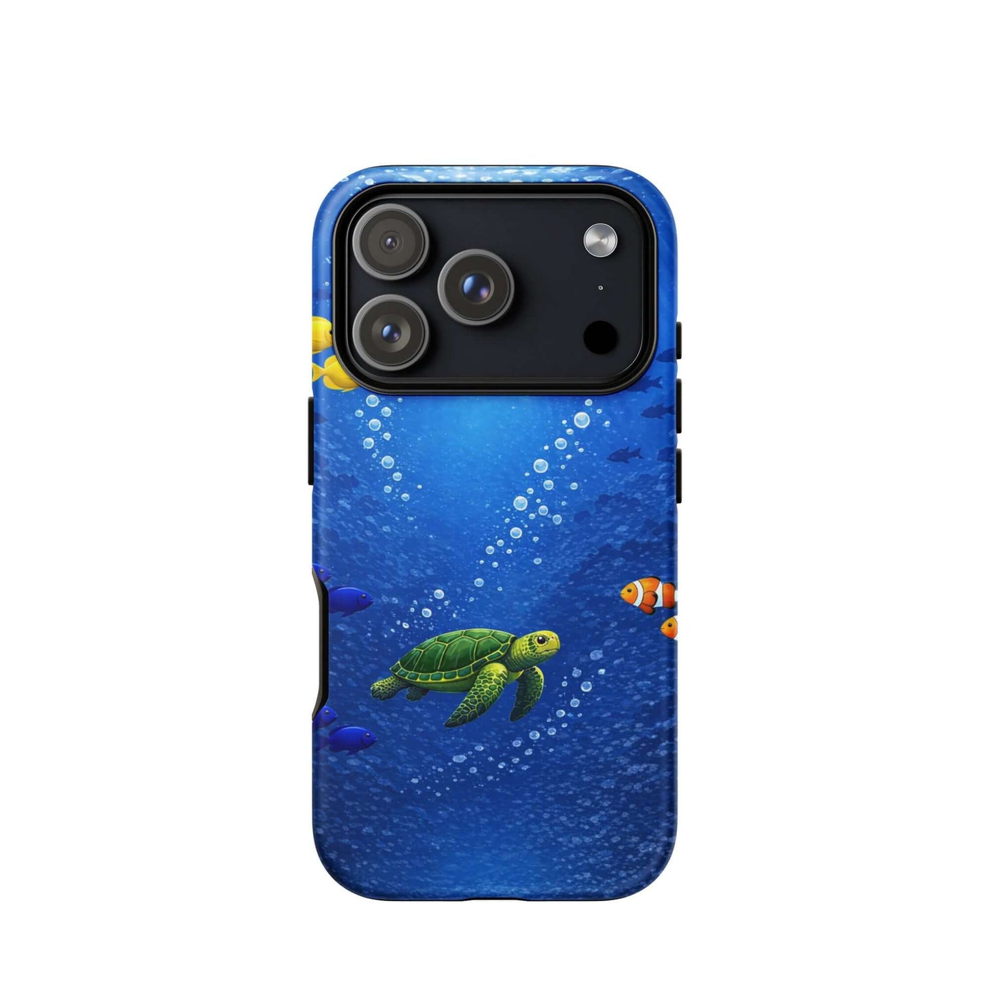 Phone Case featuring a vibrant sea turtle design against a deep blue ocean background.