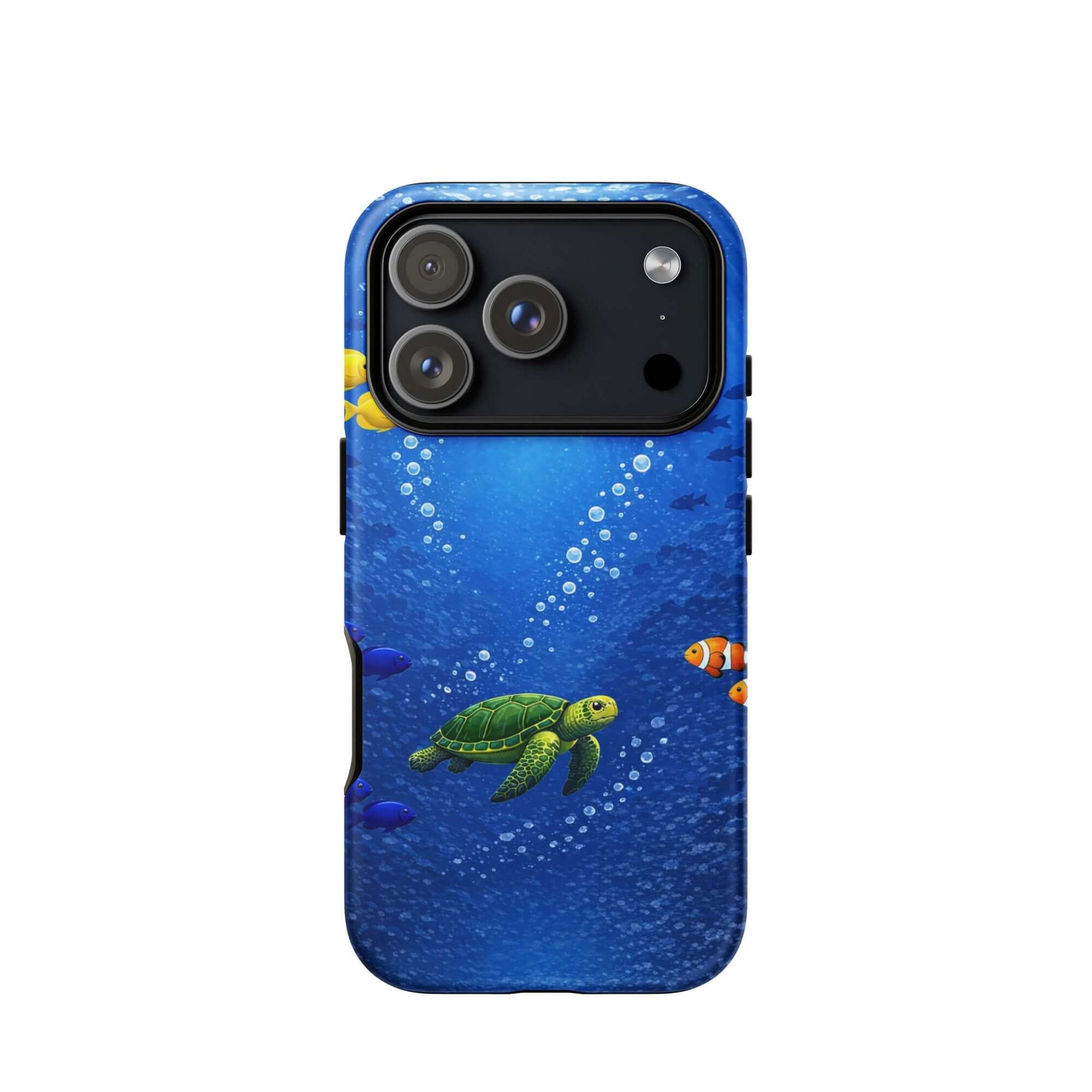 Phone Case featuring a vibrant sea turtle design against a deep blue ocean background.
