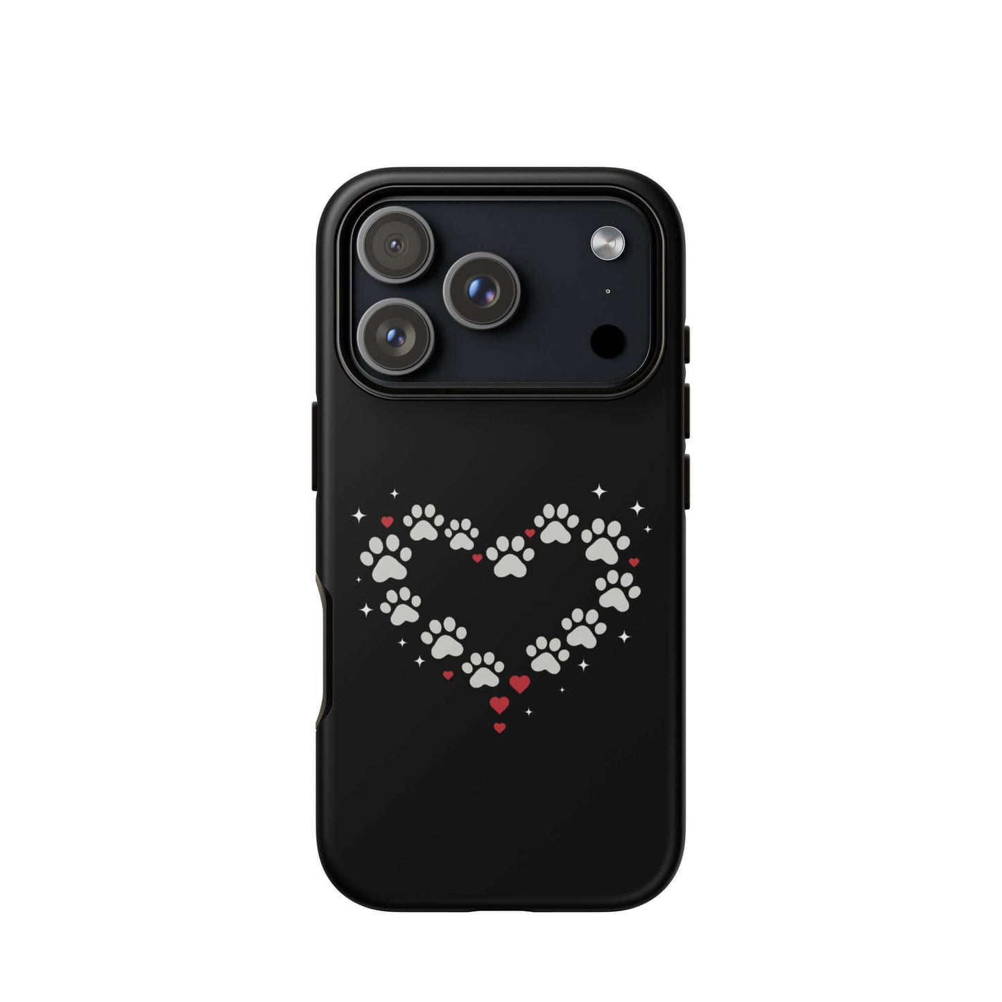 Phone Case for iPhone featuring a paw-print heart design on a black background, perfect for pet lovers.