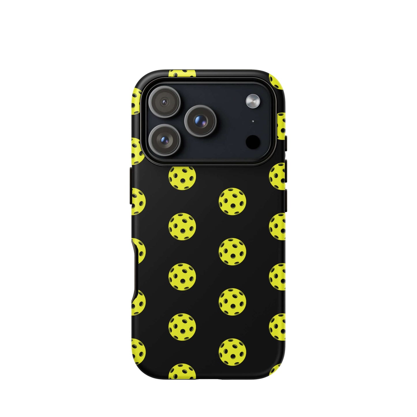 Phone Case featuring a playful pickleball pattern on a black background for sporty style.