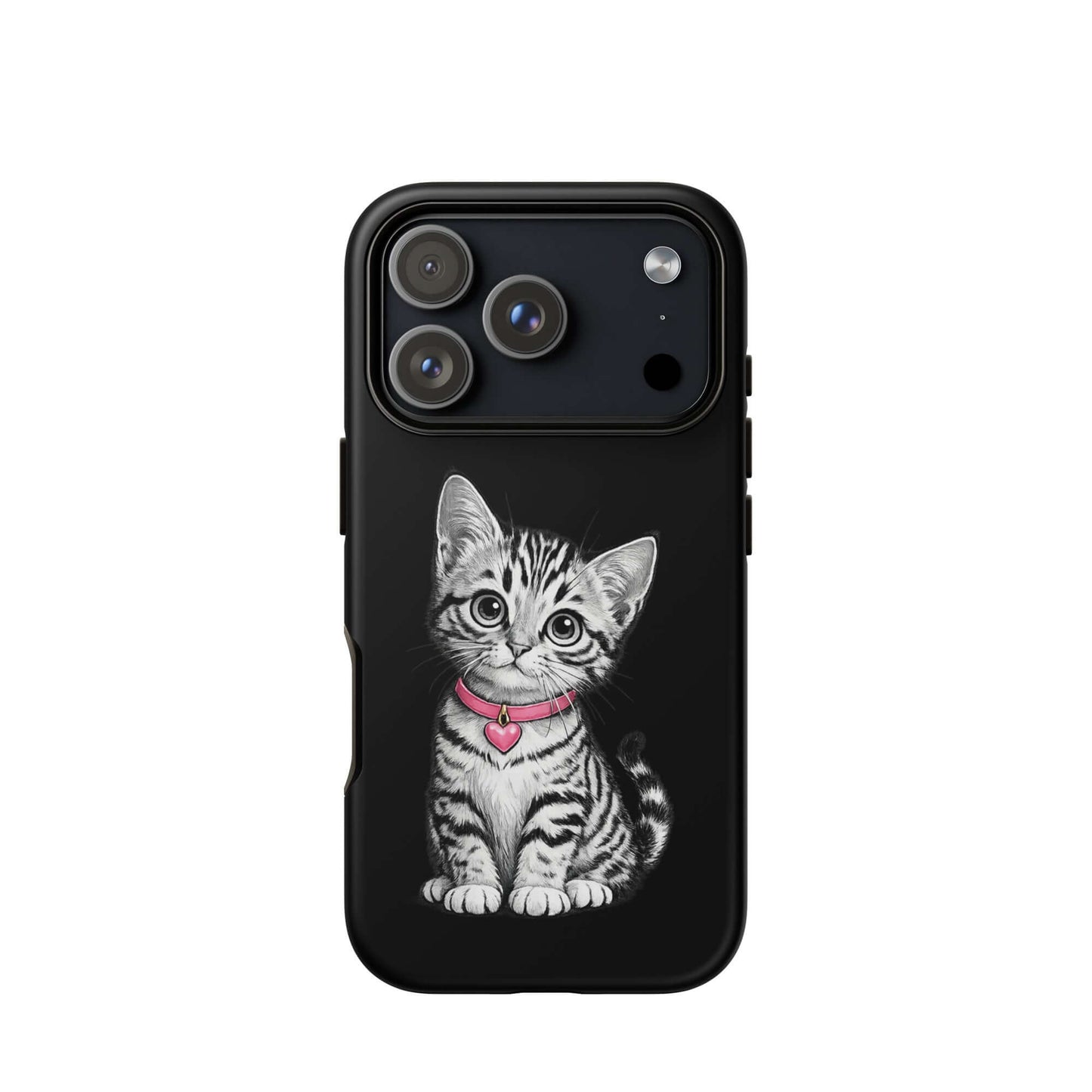 Phone Case for iPhone featuring pencil sketch kitten with pink heart charm, artistic black-and-white design, protective and stylish.