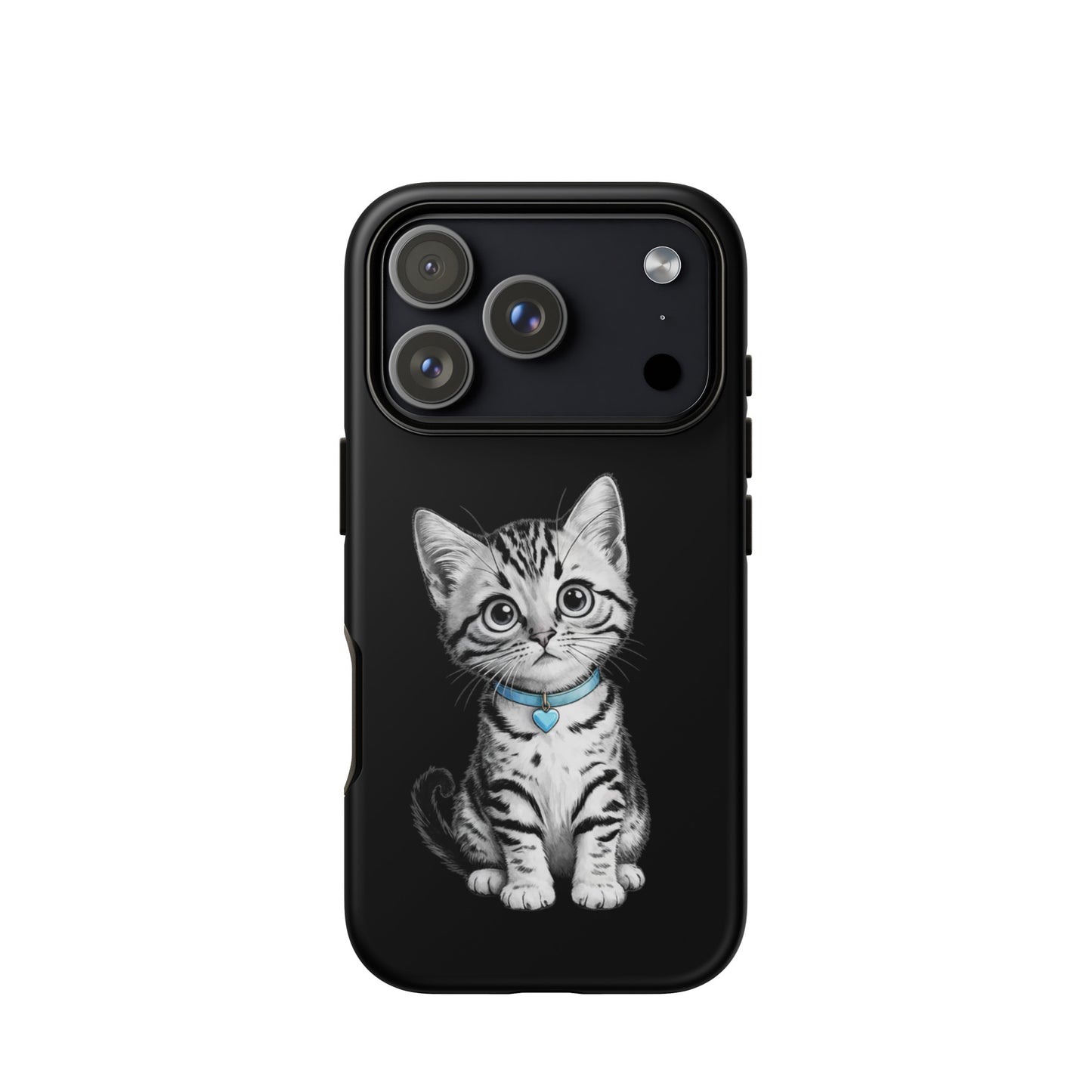 Phone Case with kitten sketch and blue heart charm for iPhone, artistic and protective design.