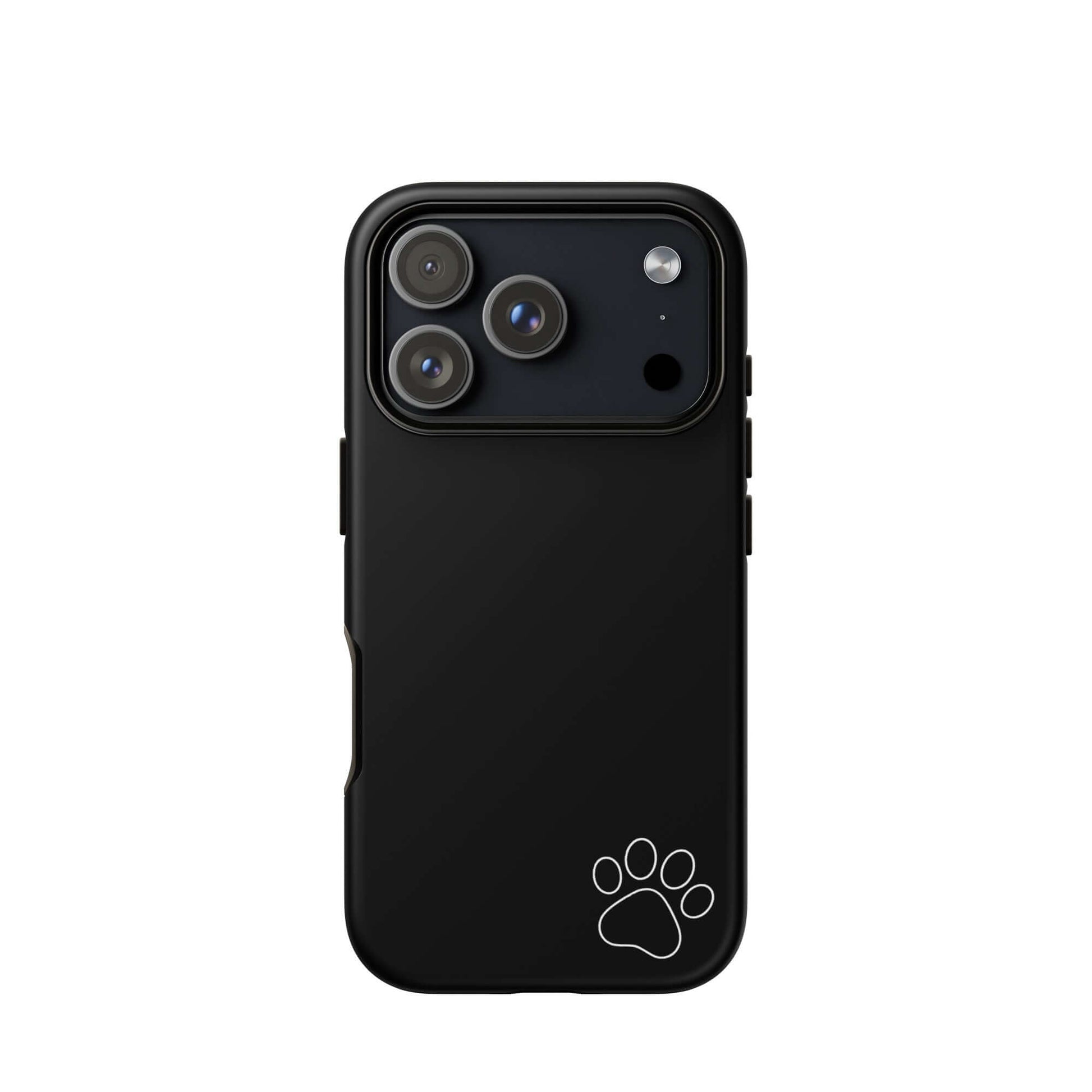 Phone Case for iPhone with black tough design featuring a white paw print in the corner, perfect for animal lovers and pet owners.