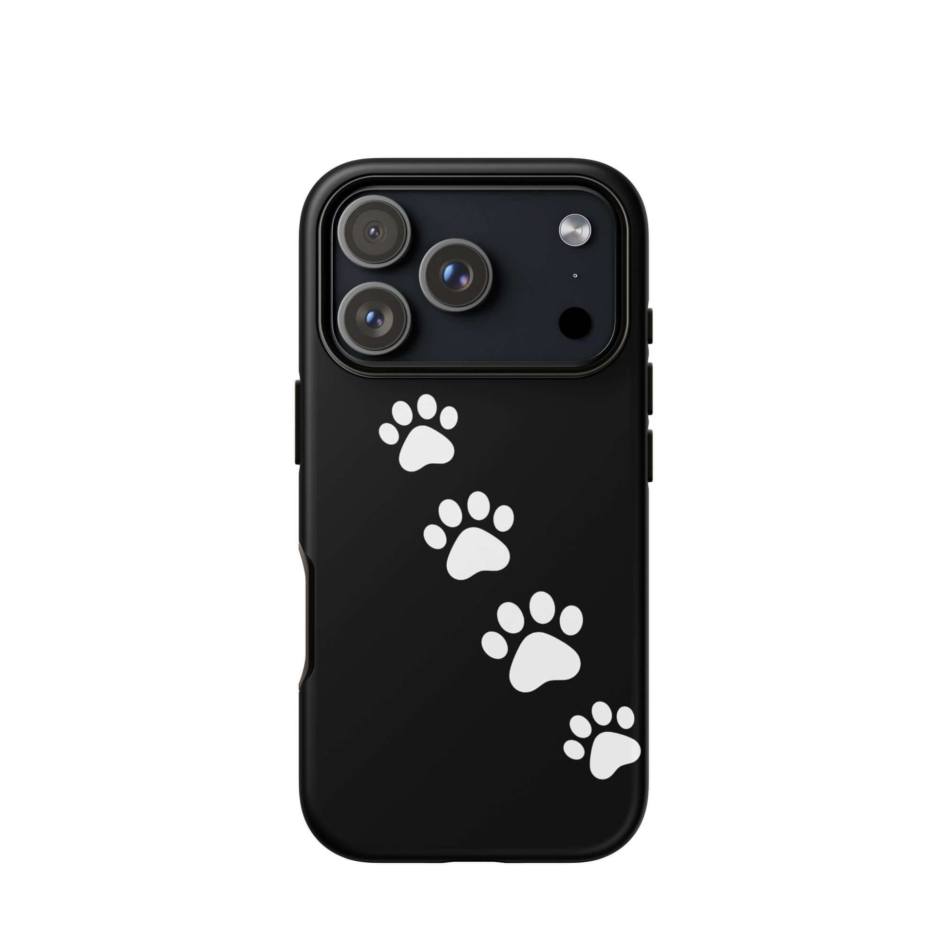 Phone case with white paw-print trail design for pet lovers on black iPhone.