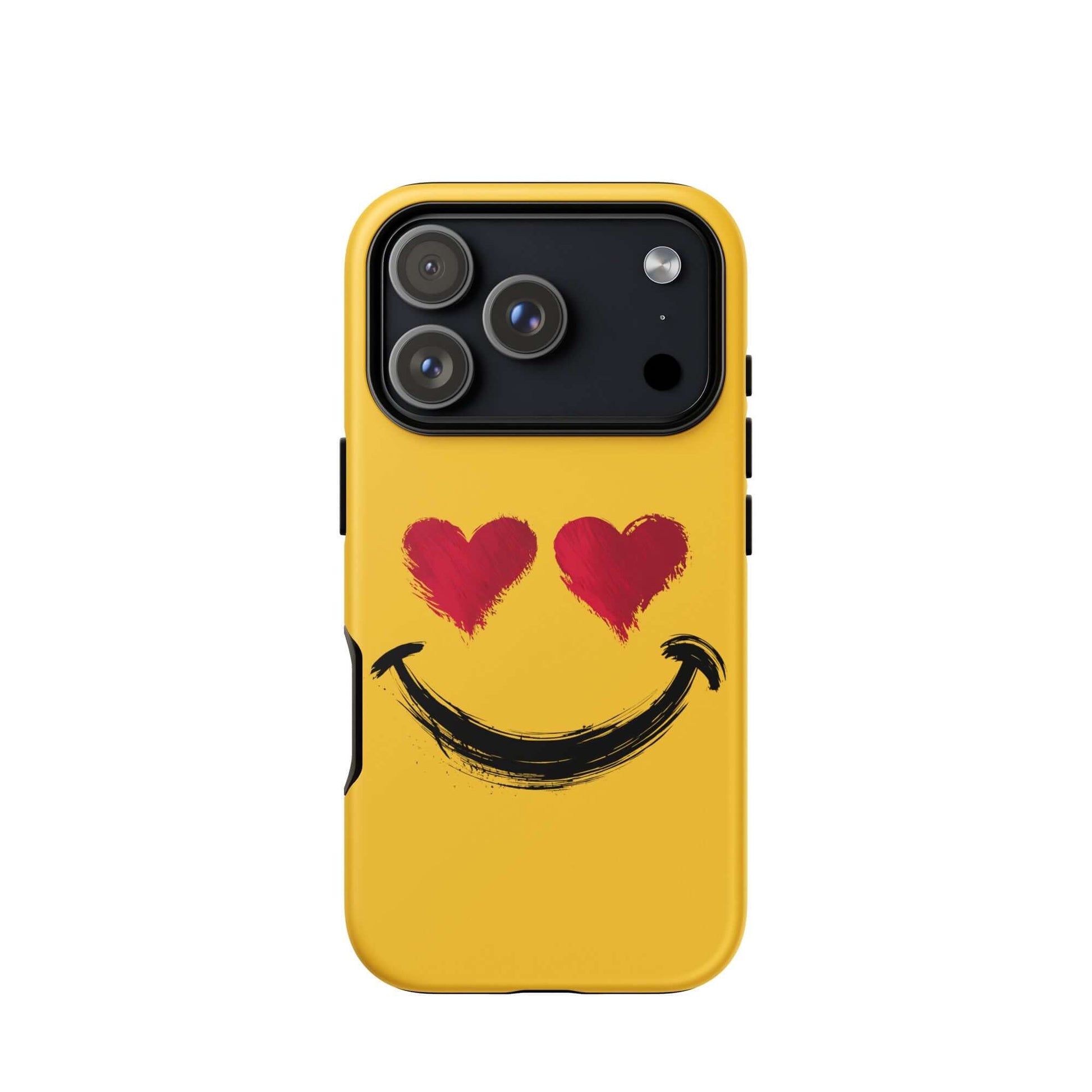 Phone Case for iPhone with heart-eye smiley design in vibrant colors; luxury accessory with playful art and high-contrast style.