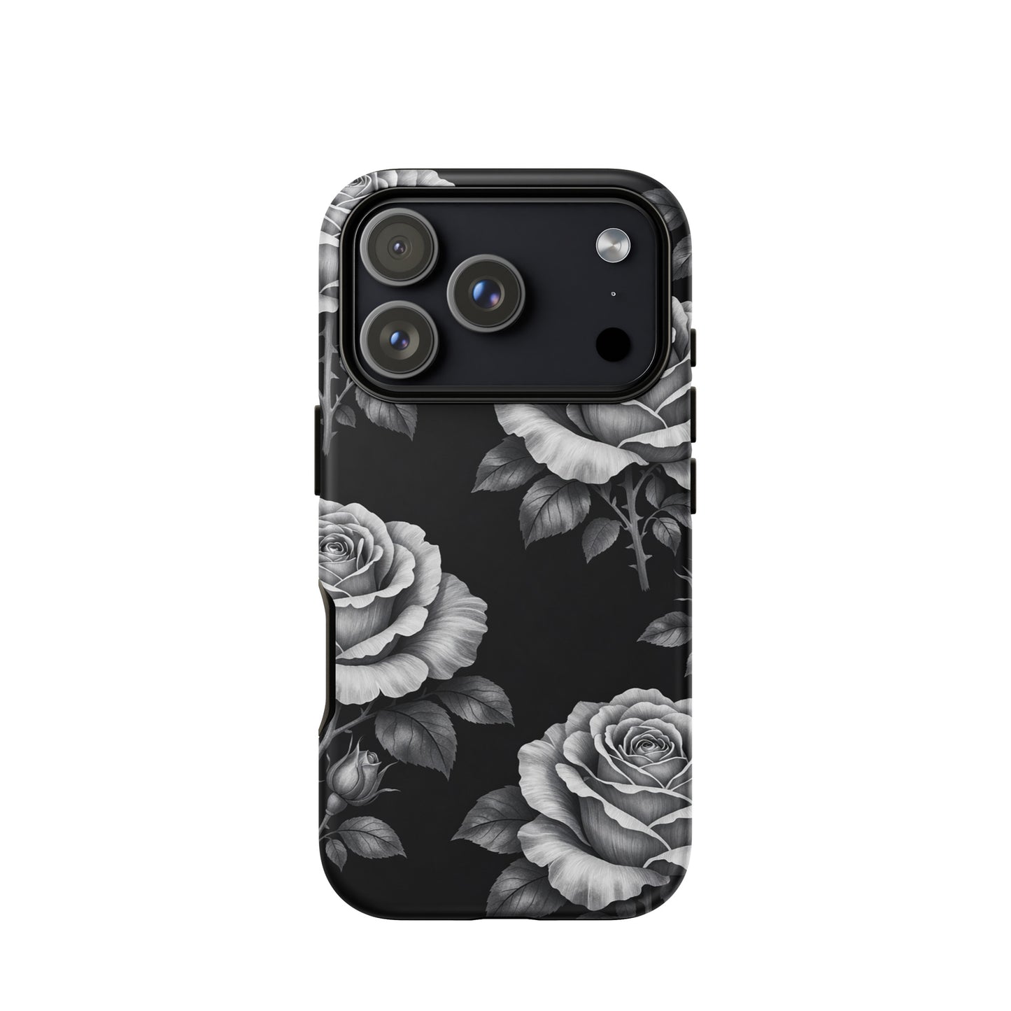 Phone Case for iPhone with black floral rose garden design, featuring hand-sketched roses on a tough case.
