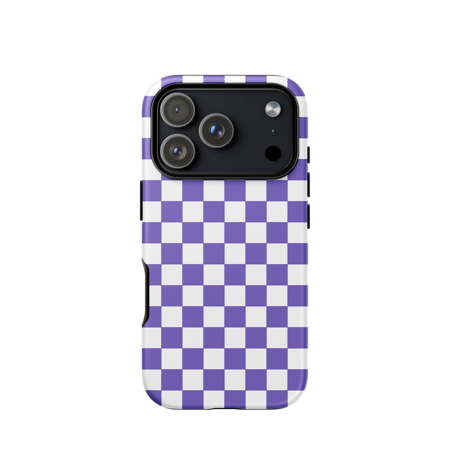 Phone Case for iPhone with purple and white checkered pattern, adding style and personality to your device.