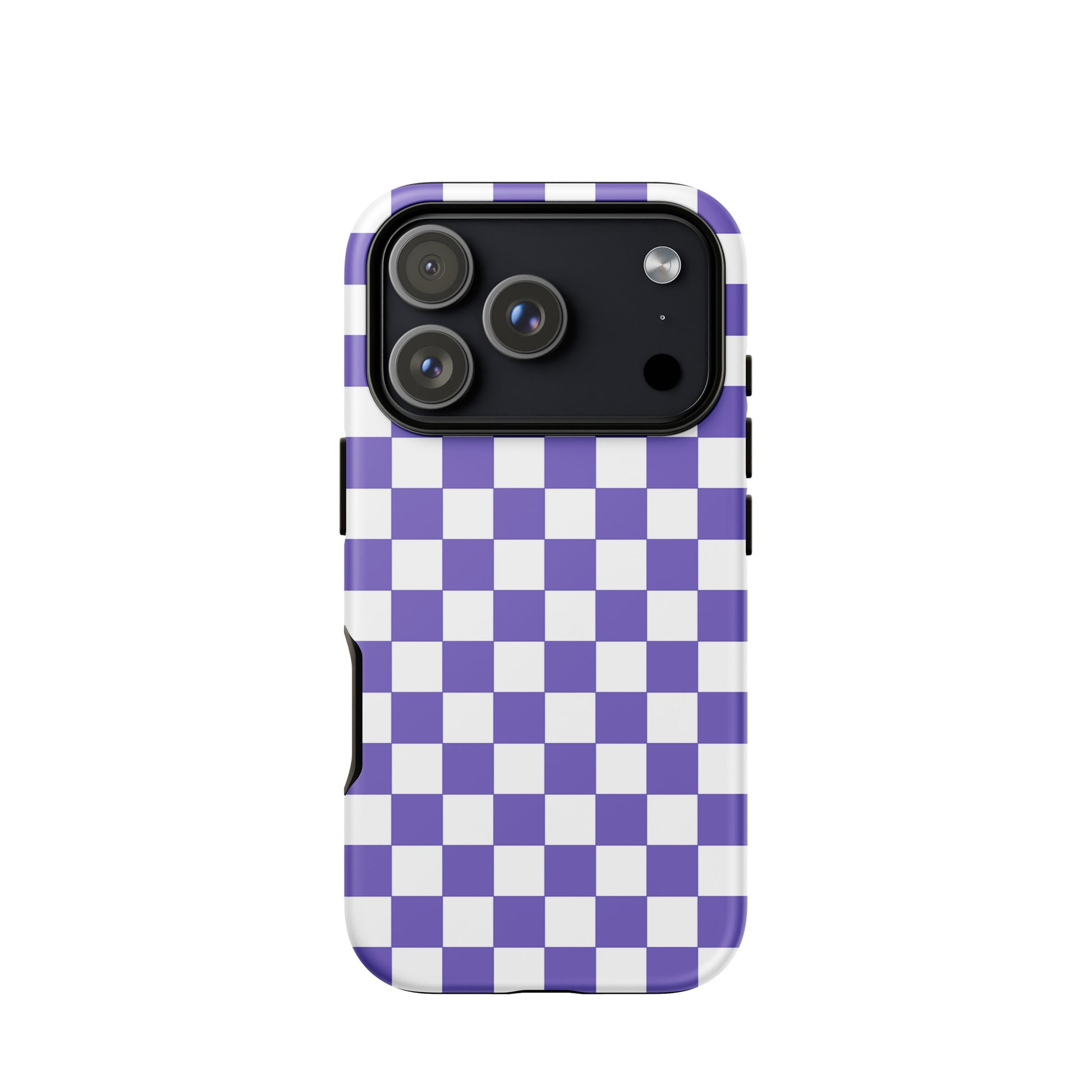 Phone Case for iPhone with purple and white checkered pattern, adding style and personality to your device.