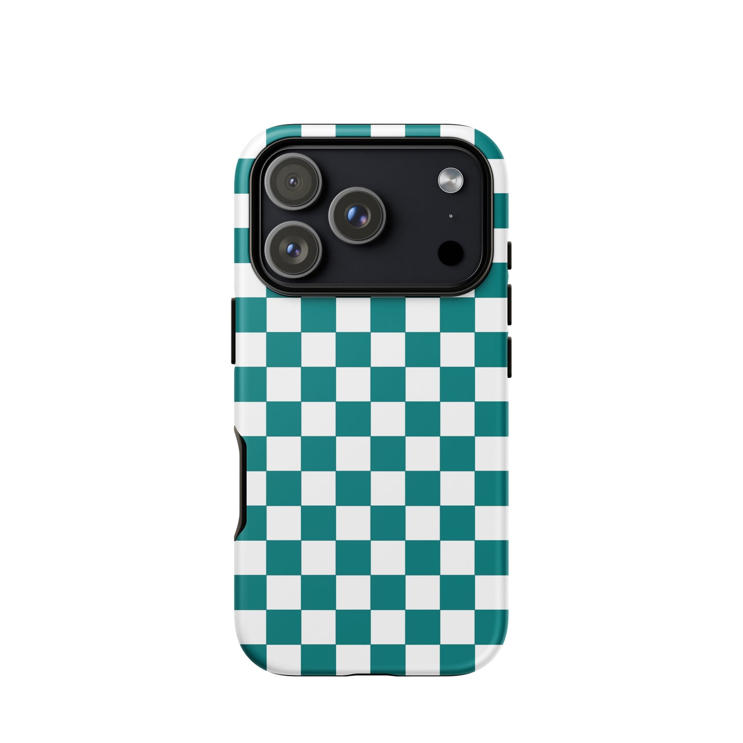 Phone Case with teal and white checkered design for iPhone, adding a stylish and playful vibe to your device.