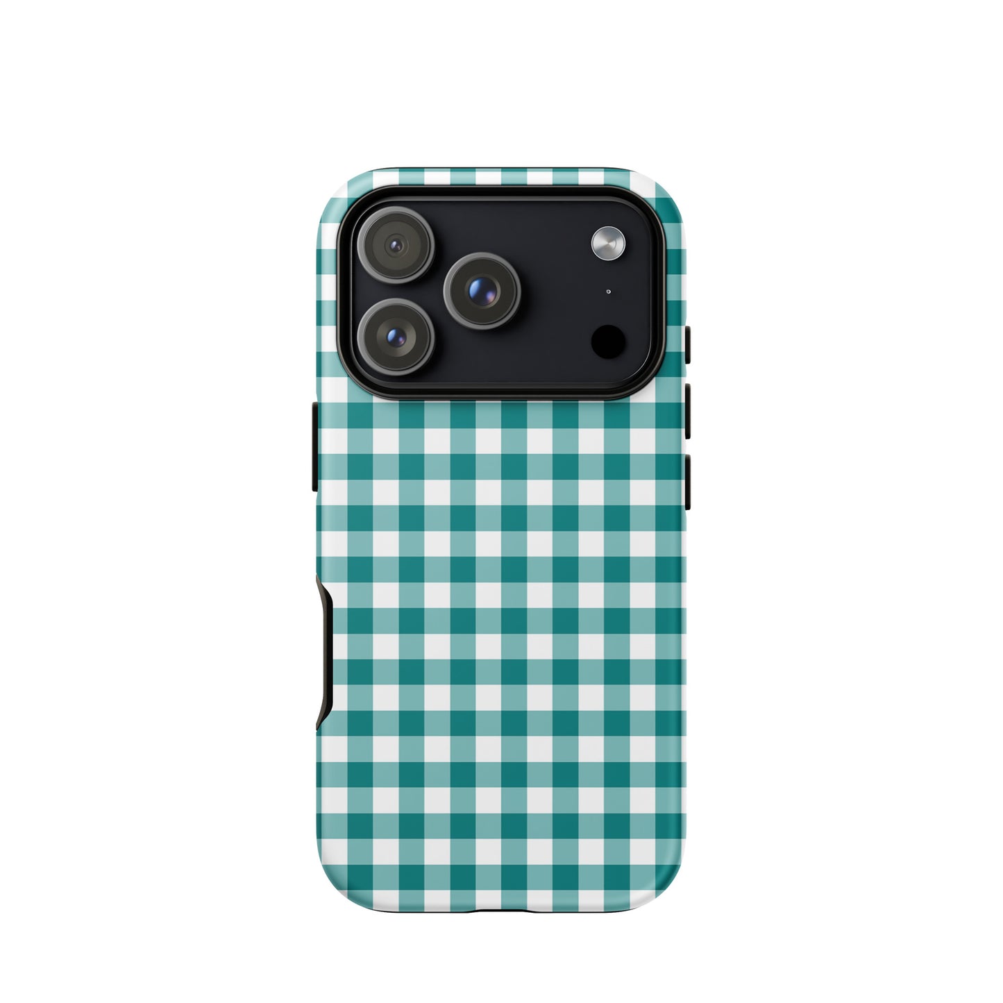 Phone Case with teal-and-white gingham pattern for iPhone, combining charm and protection in a stylish design.