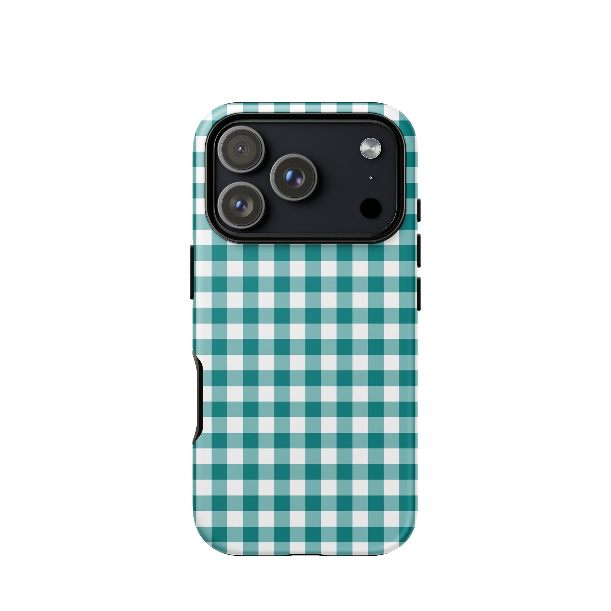 Phone Case with teal-and-white gingham pattern for iPhone, combining charm and protection in a stylish design.