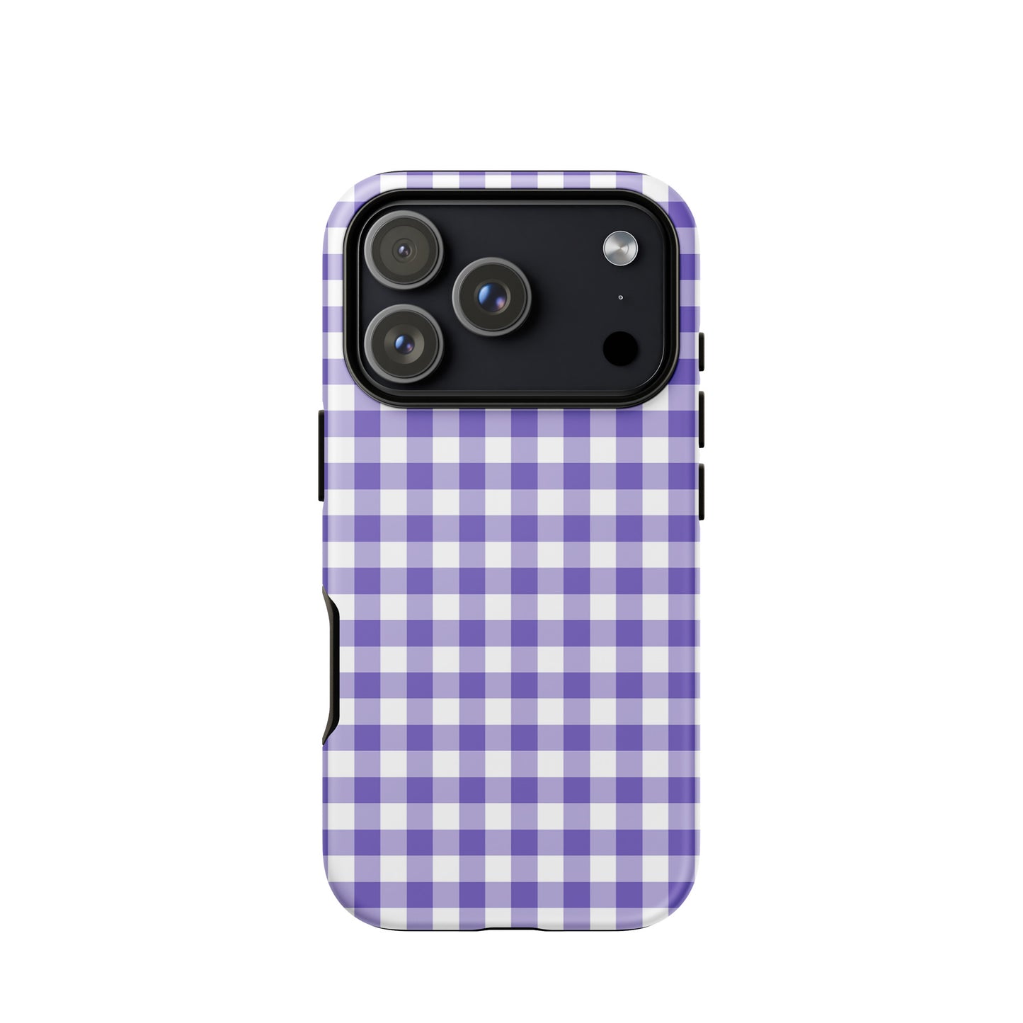 Phone Case with purple-and-white gingham pattern, fits iPhone, combines style and durability, offering a chic and protective accessory.