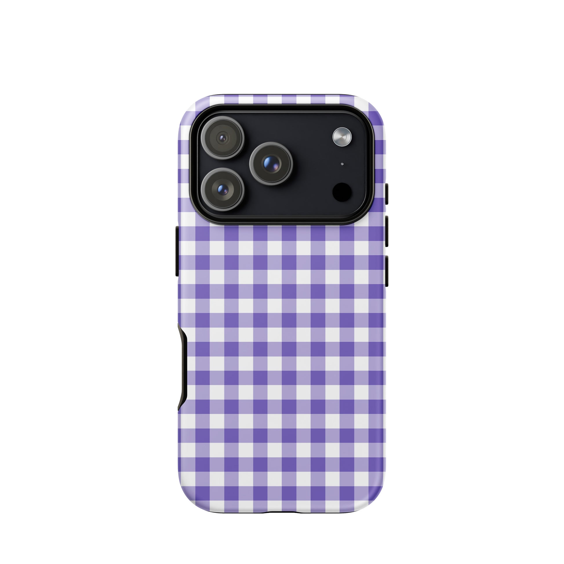 Phone Case with purple-and-white gingham pattern, fits iPhone, combines style and durability, offering a chic and protective accessory.